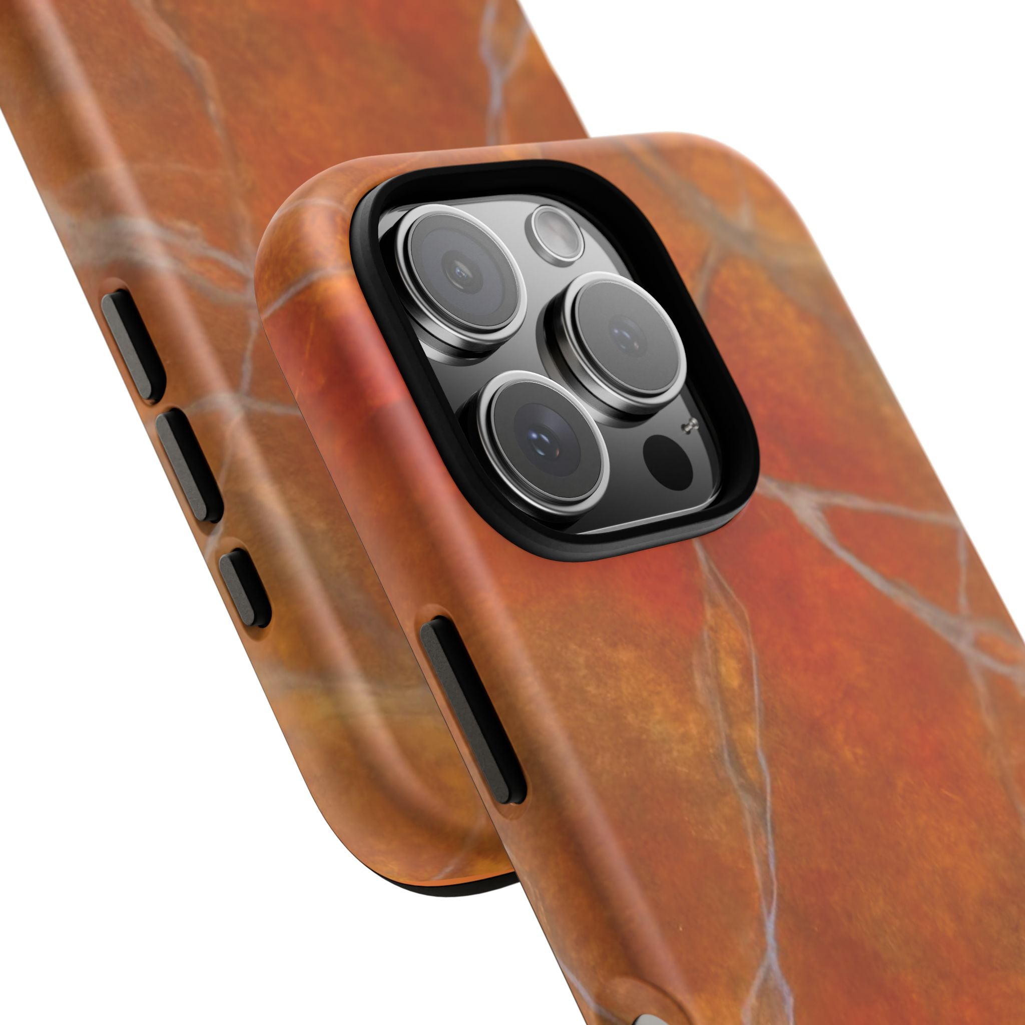 Phone case in sophisticated red orange marble design that is impact resistant tough in glossy or matte finish