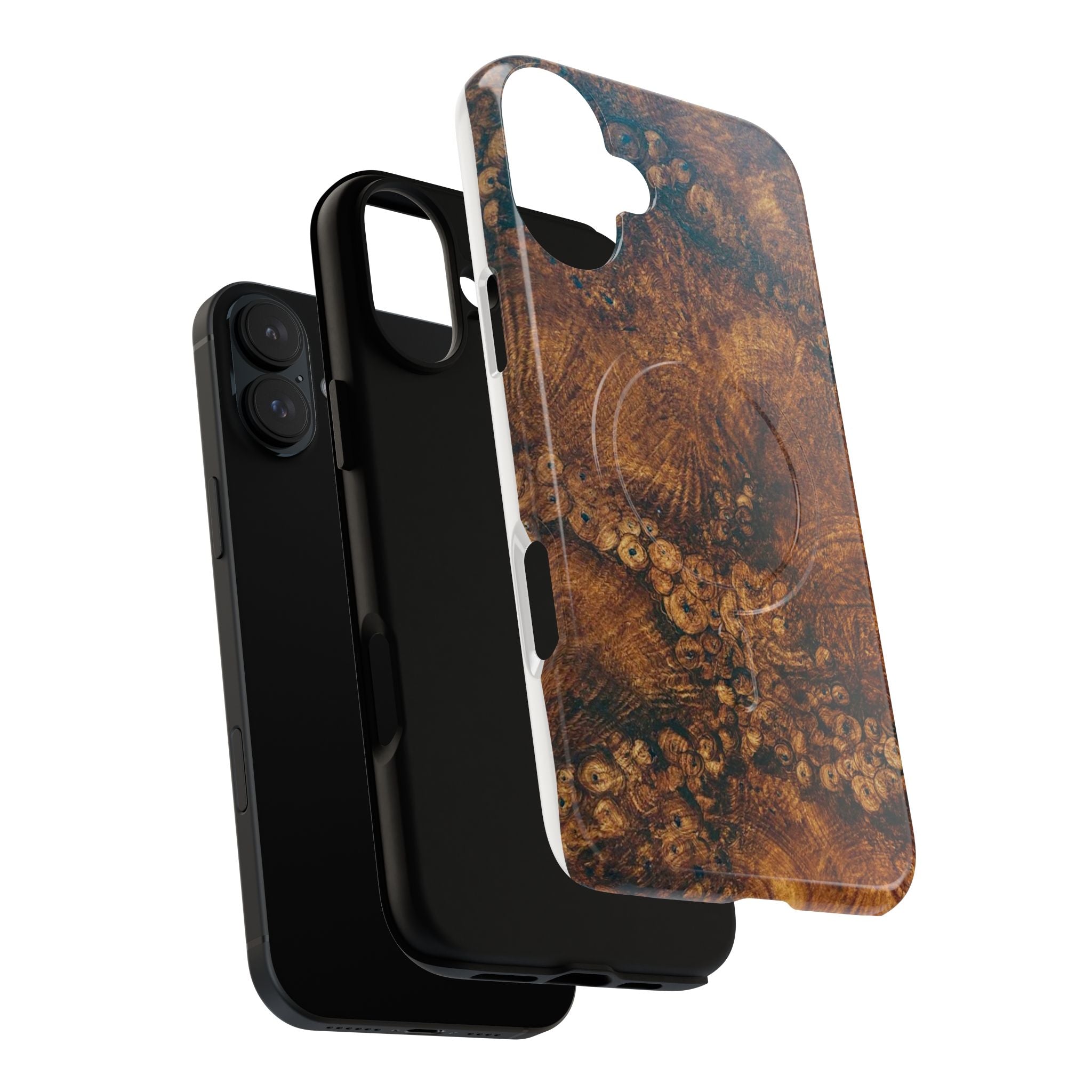Magnetic iphone case with a natural Burl Wood Design compatible with MagSafe accessories in tough Dual Layer Shell