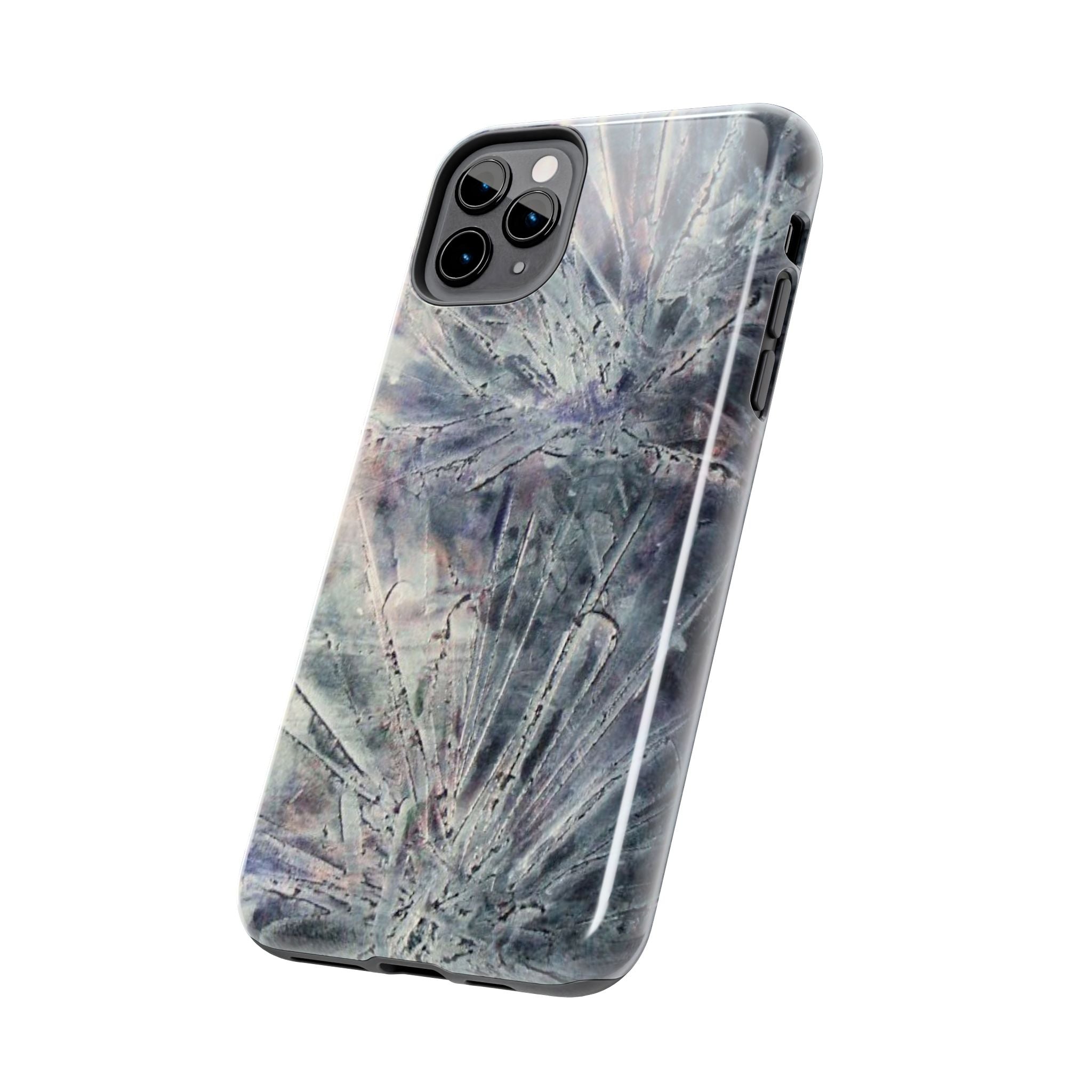 Phone case in abstract bursts of silver crystal design with rubber lining for strong impact and UV protection