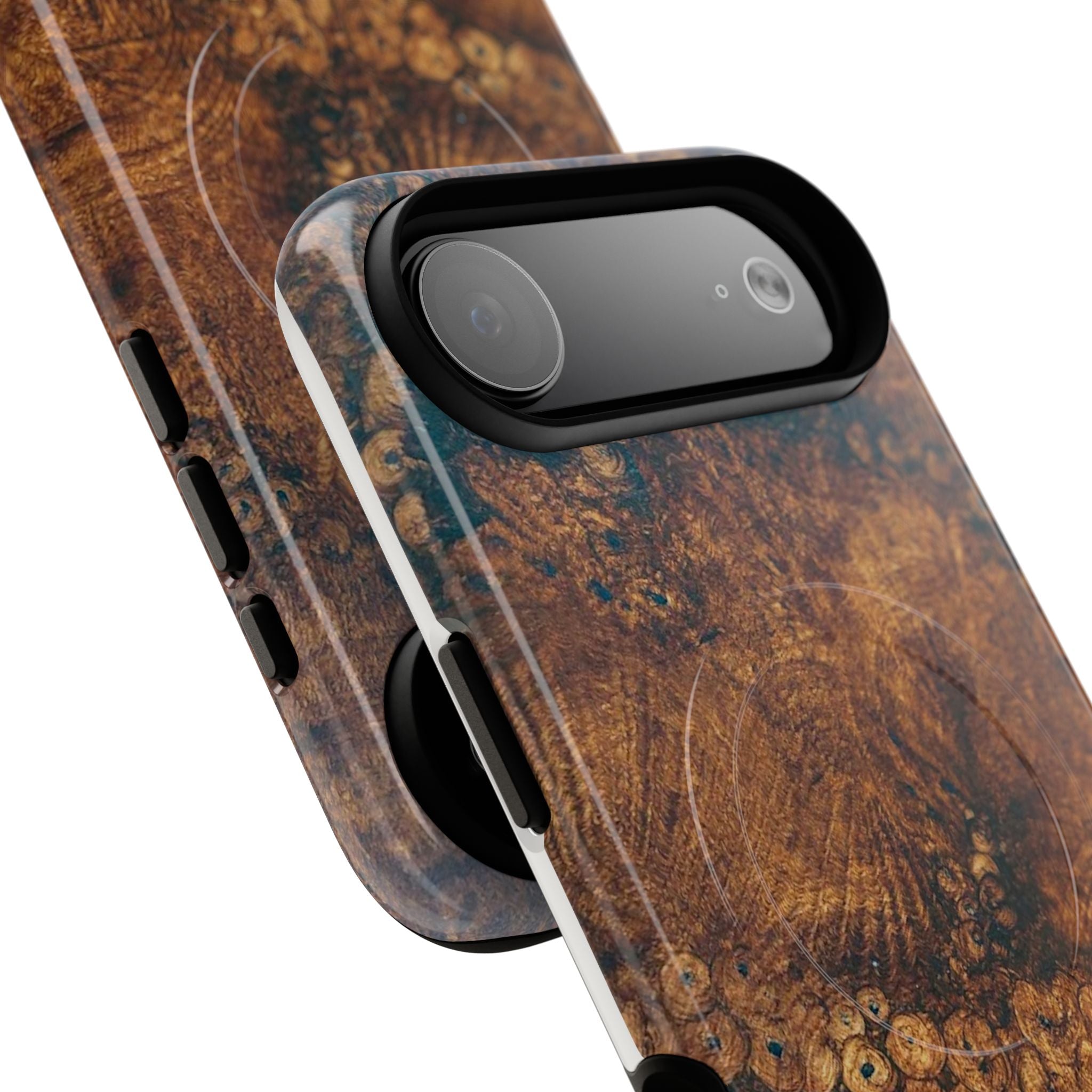 Magnetic iphone case with a natural Burl Wood Design compatible with MagSafe accessories in tough Dual Layer Shell