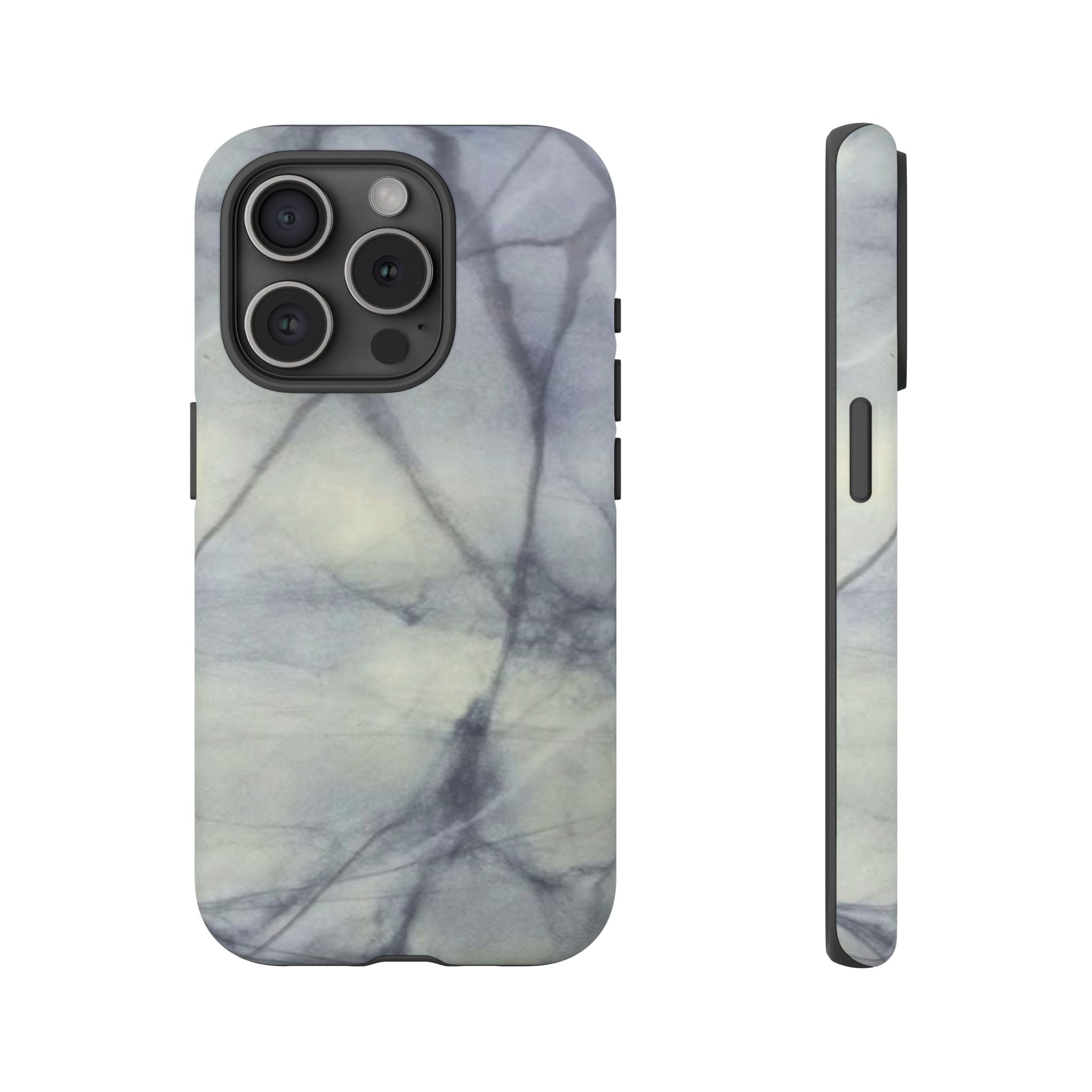 Phone case in impressive grey marble design with shock absorbing dual layer shell and UV resistance in 3D wrap