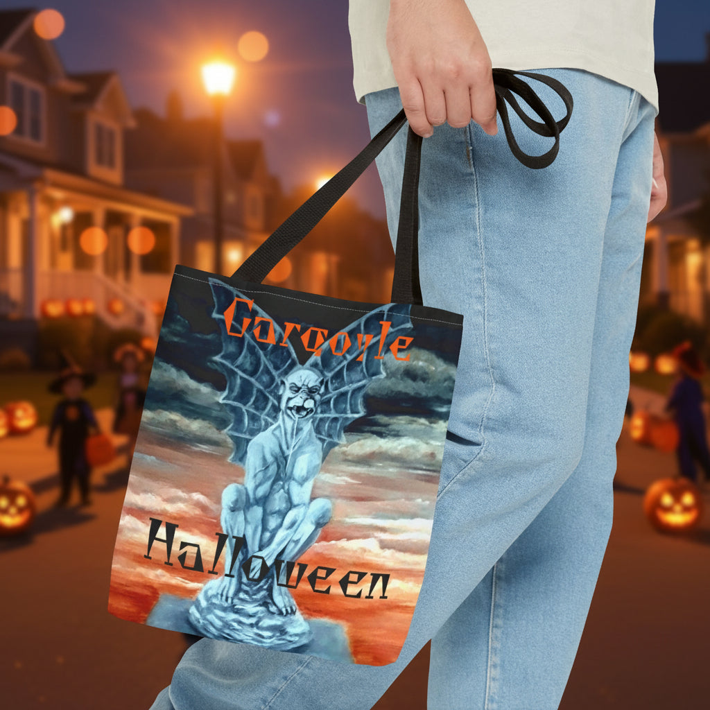 Person holding a tote bag with a Halloween design featuring a statue and spider web.