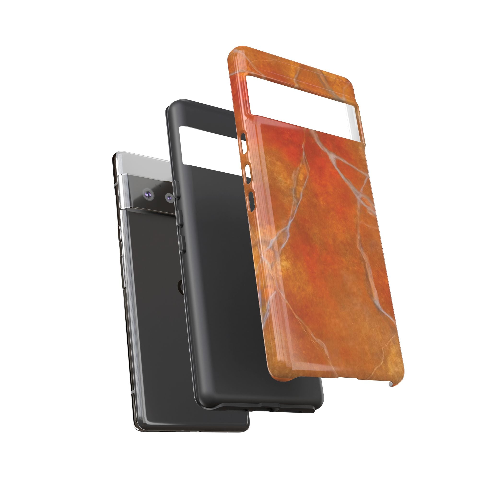 Phone case in sophisticated red orange marble design that is impact resistant tough in glossy or matte finish