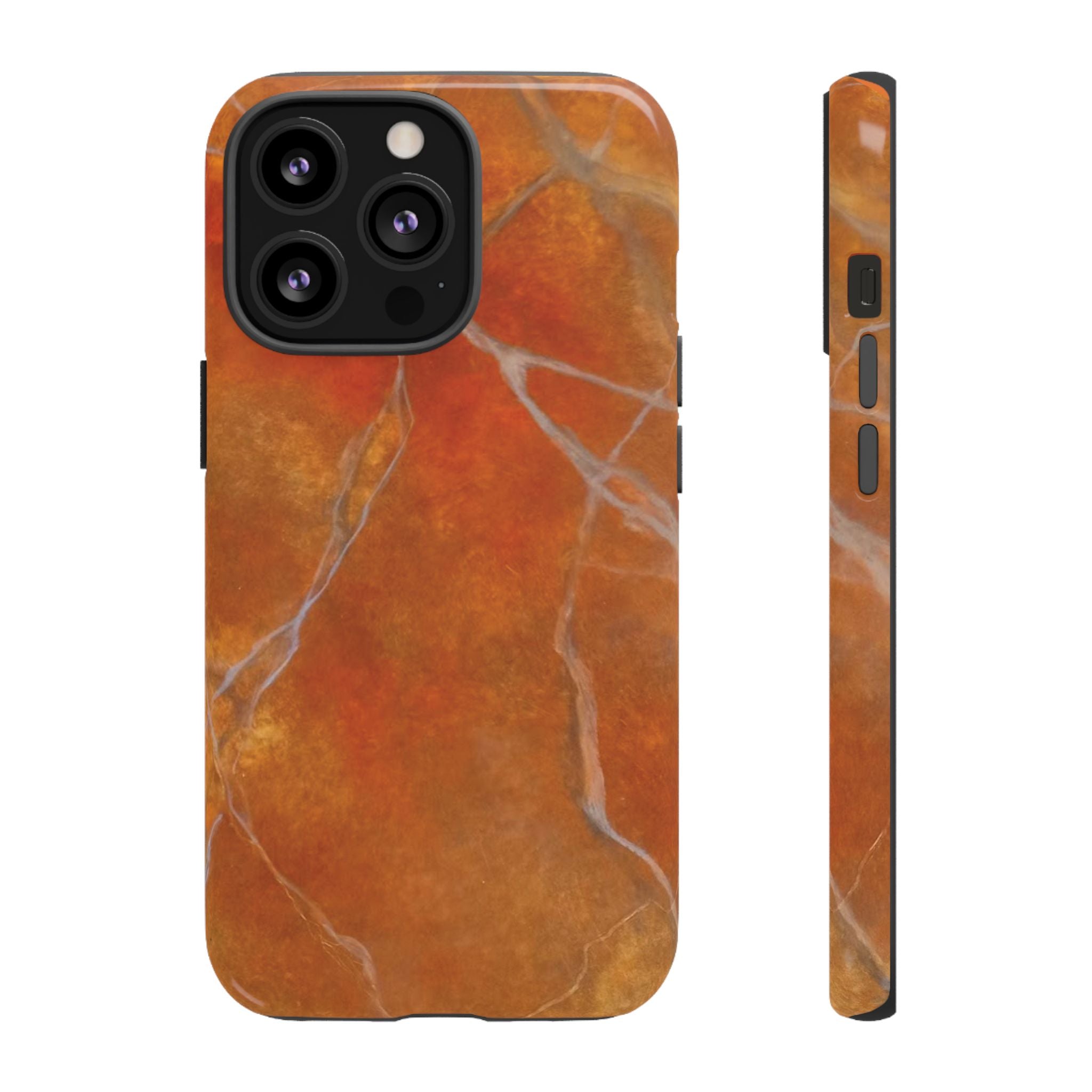 Phone case in sophisticated red orange marble design that is impact resistant tough in glossy or matte finish