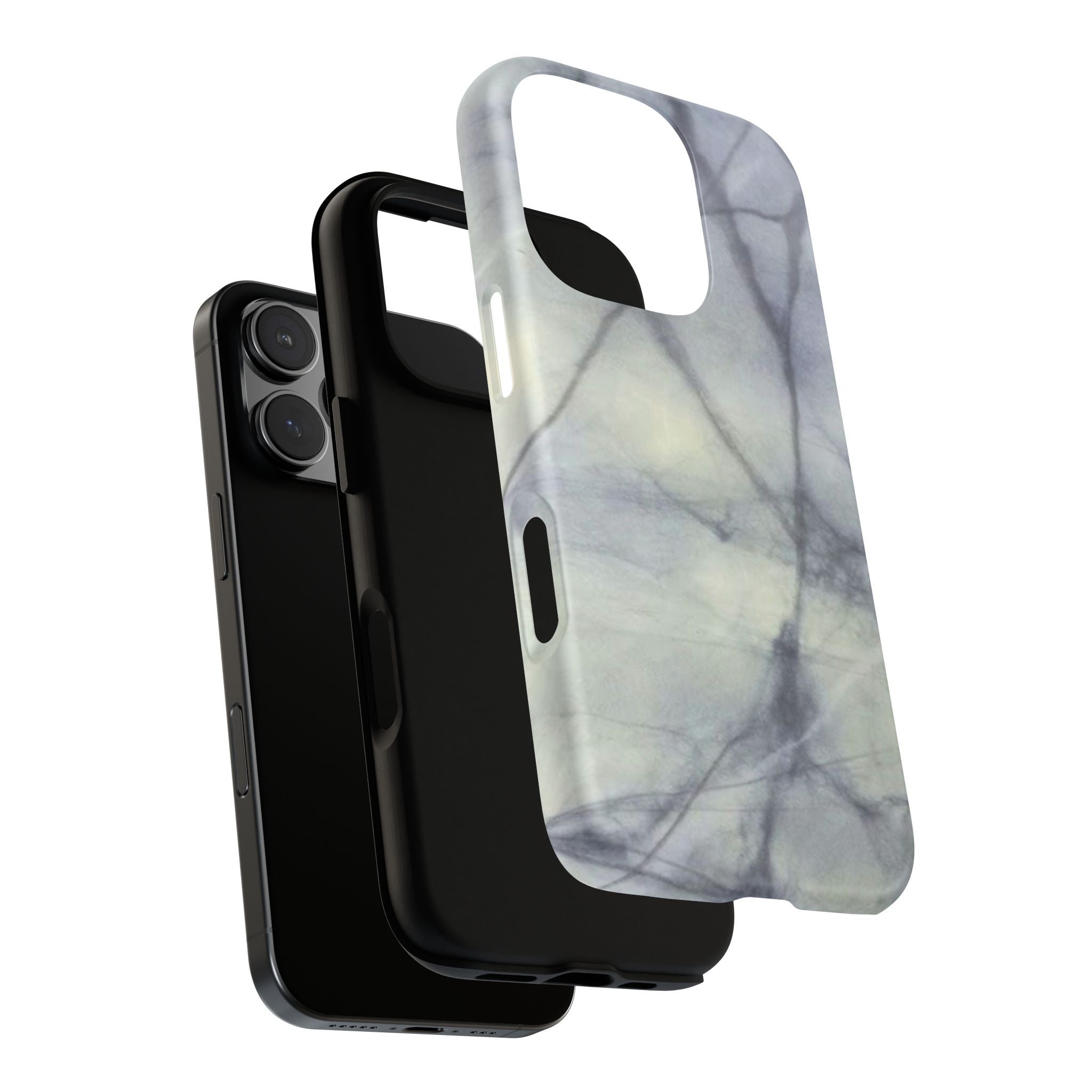 Phone case in impressive grey marble design with shock absorbing dual layer shell and UV resistance in 3D wrap