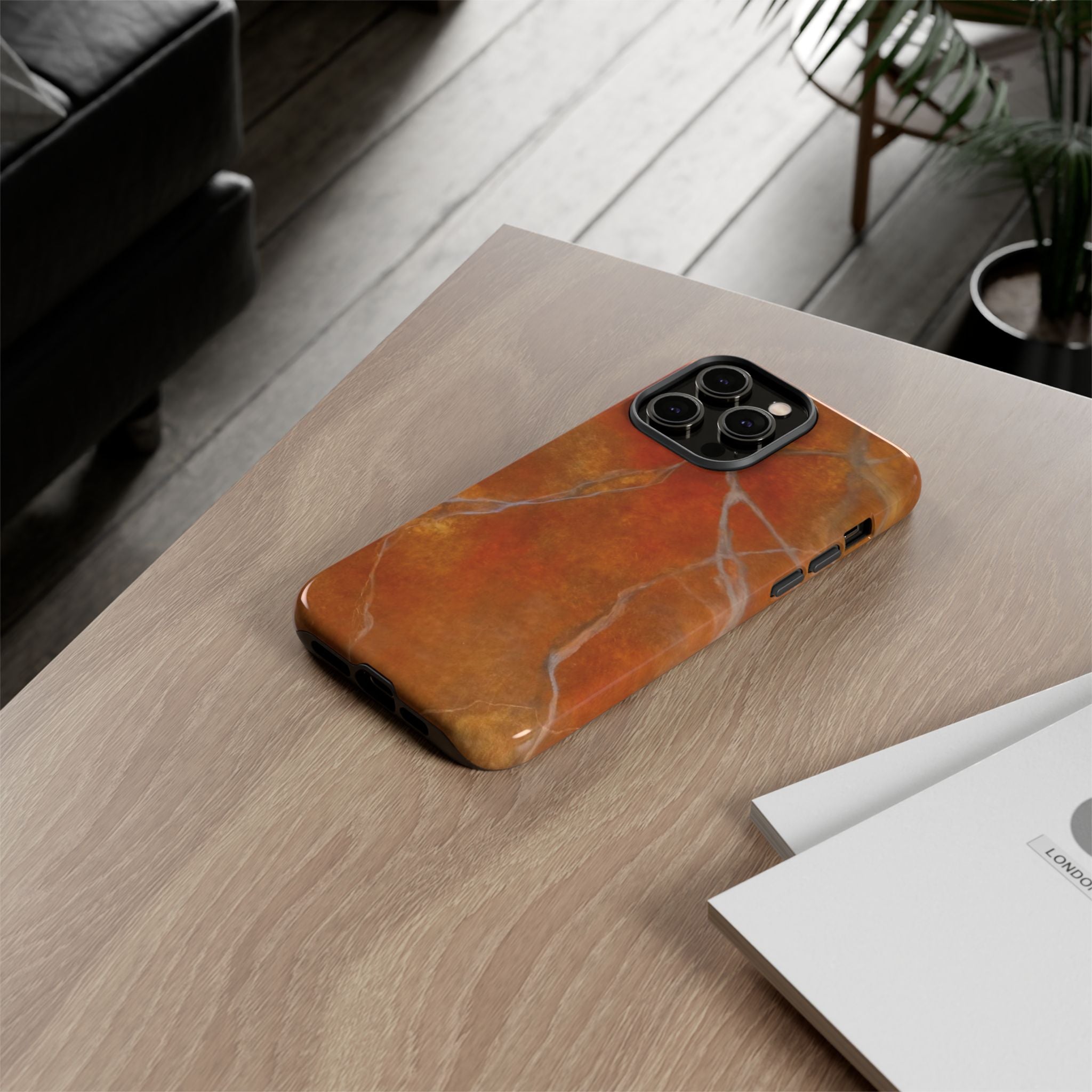 Phone case in sophisticated red orange marble design that is impact resistant tough in glossy or matte finish
