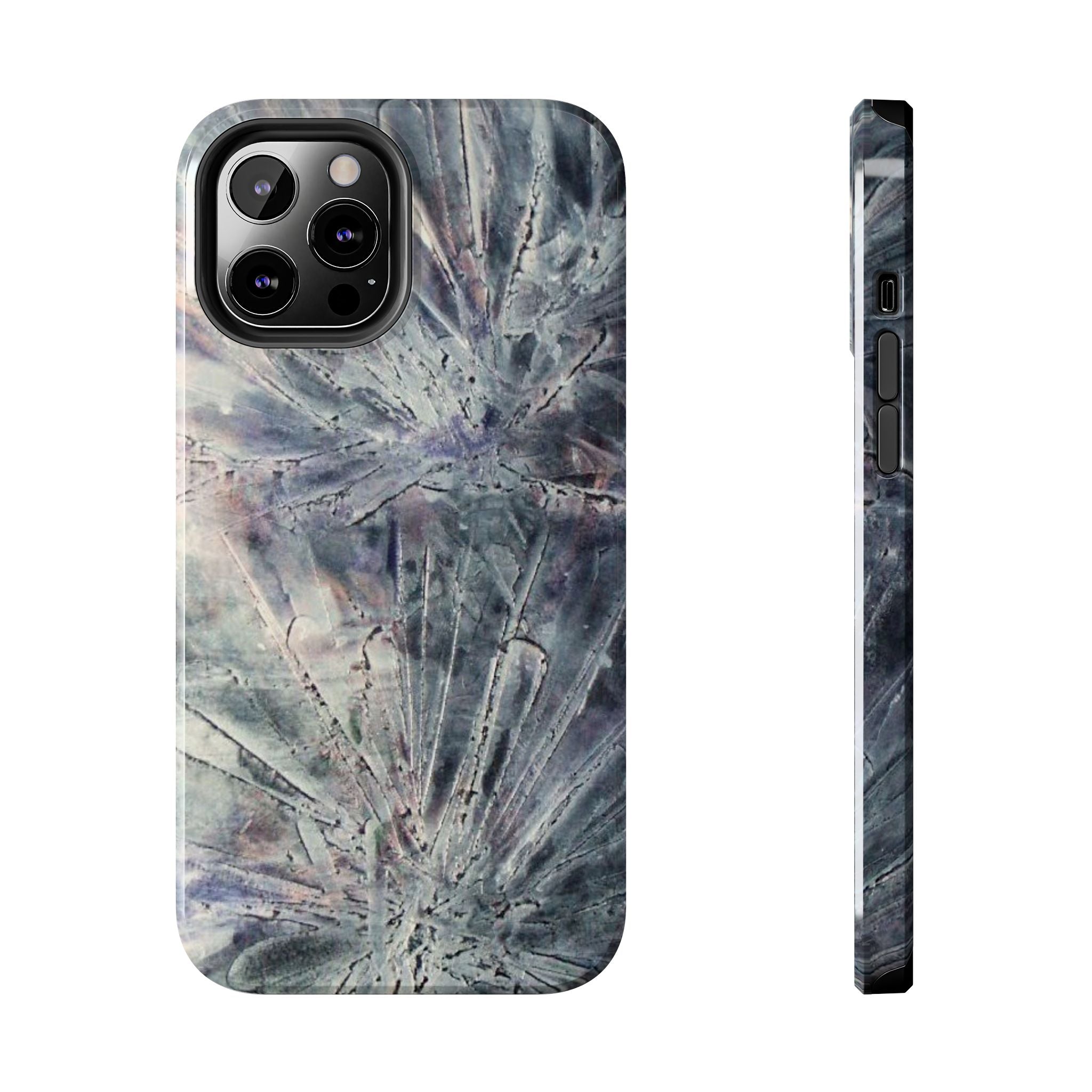 Phone case in abstract bursts of silver crystal design with rubber lining for strong impact and UV protection