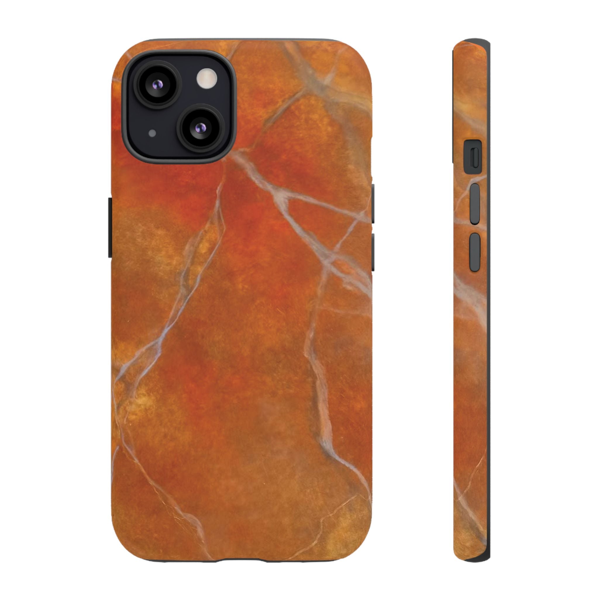 Phone case in sophisticated red orange marble design that is impact resistant tough in glossy or matte finish