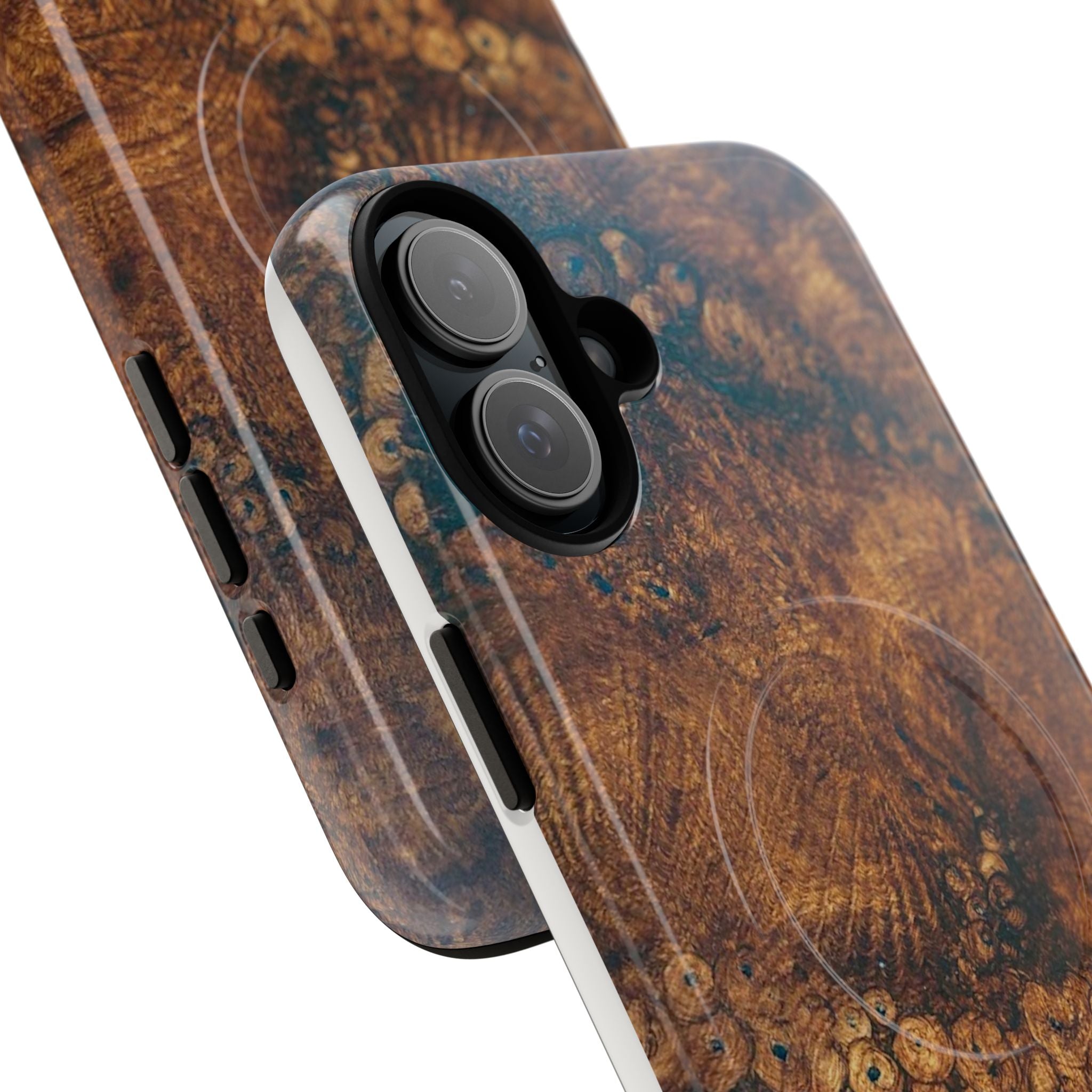 Magnetic iphone case with a natural Burl Wood Design compatible with MagSafe accessories in tough Dual Layer Shell