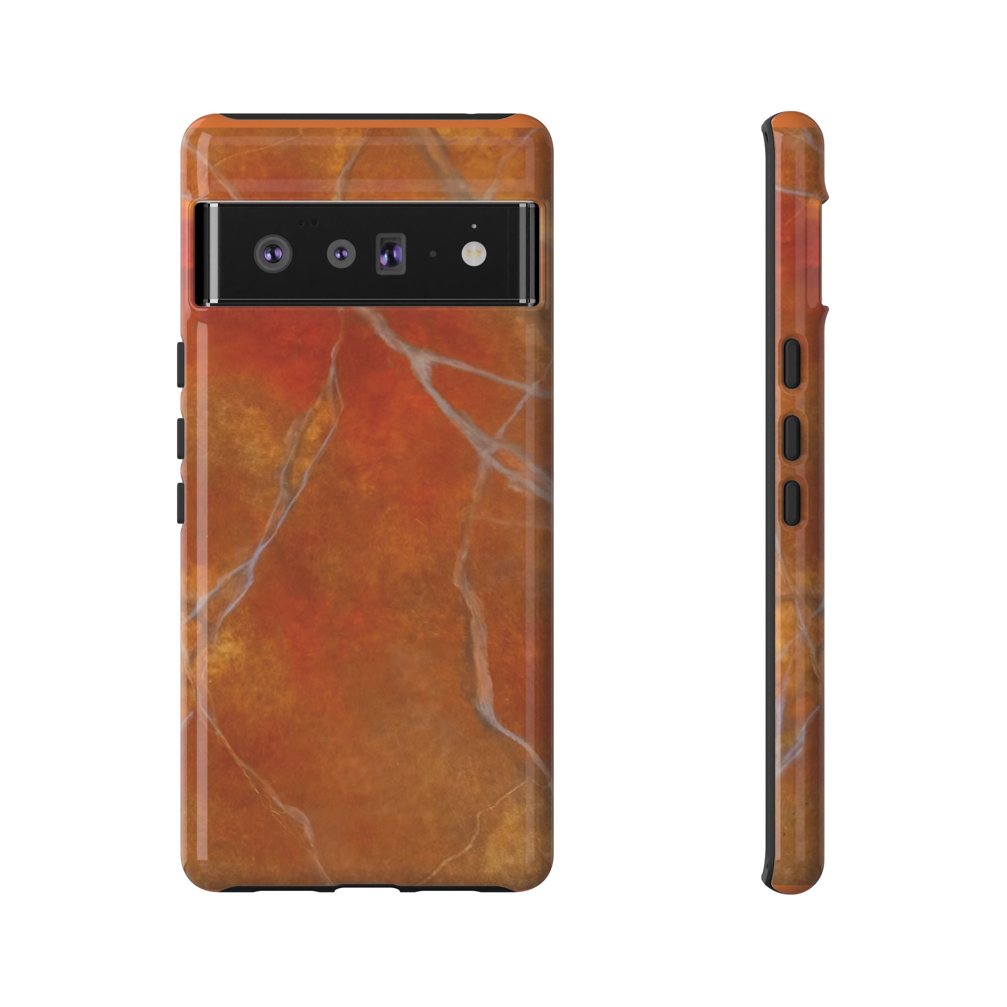Phone case in sophisticated red orange marble design that is impact resistant tough in glossy or matte finish