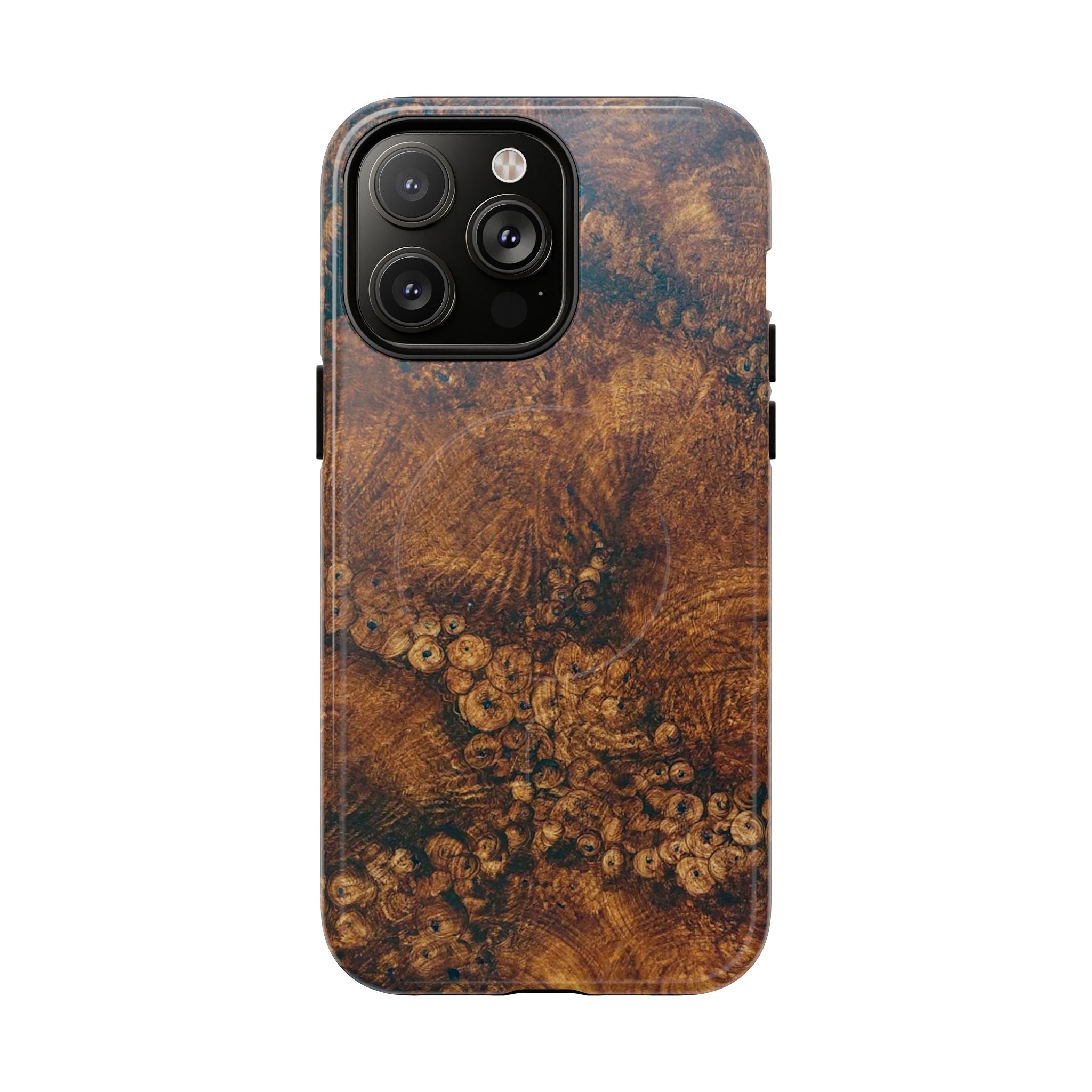Magnetic iphone case with a natural Burl Wood Design compatible with MagSafe accessories in tough Dual Layer Shell