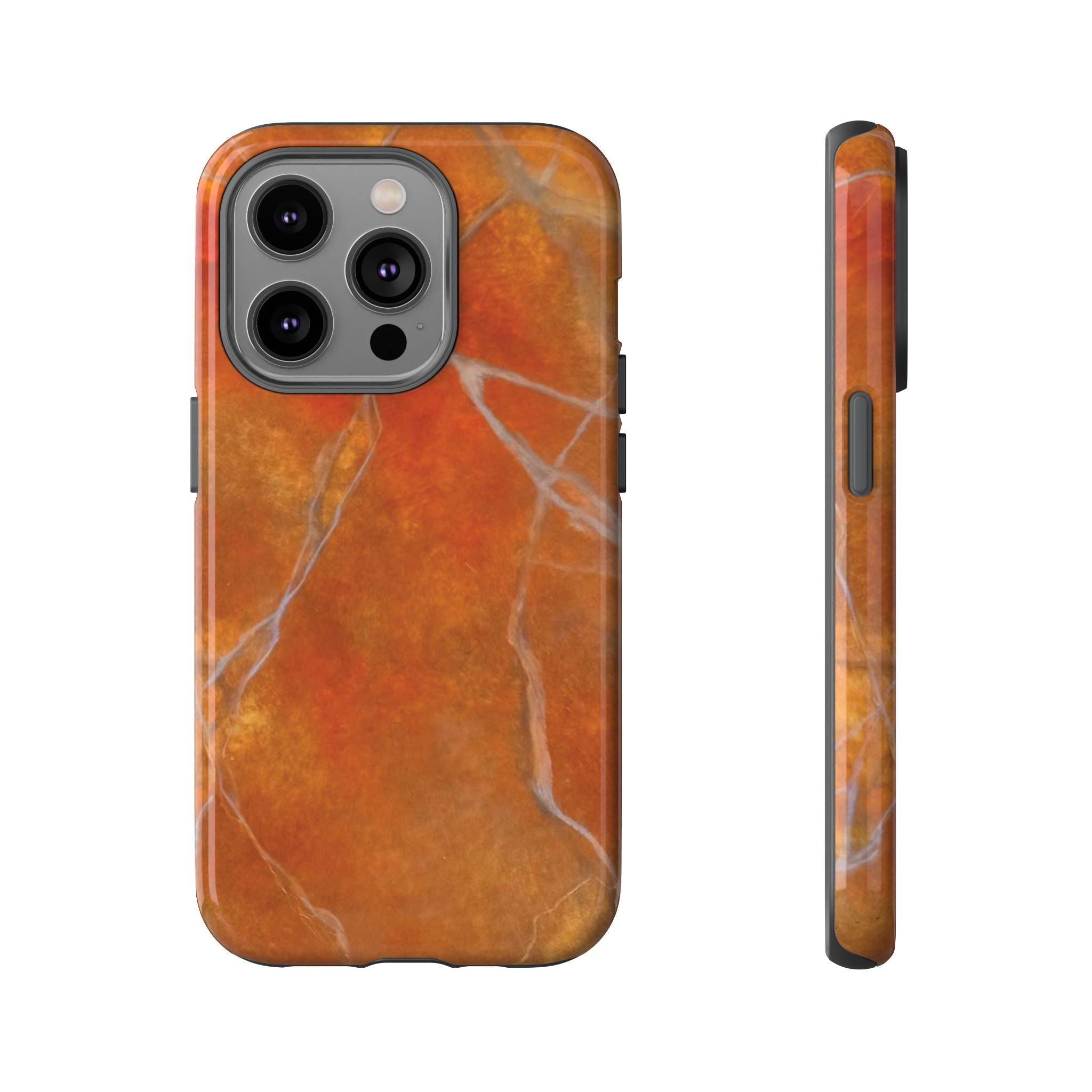 Phone case in sophisticated red orange marble design that is impact resistant tough in glossy or matte finish