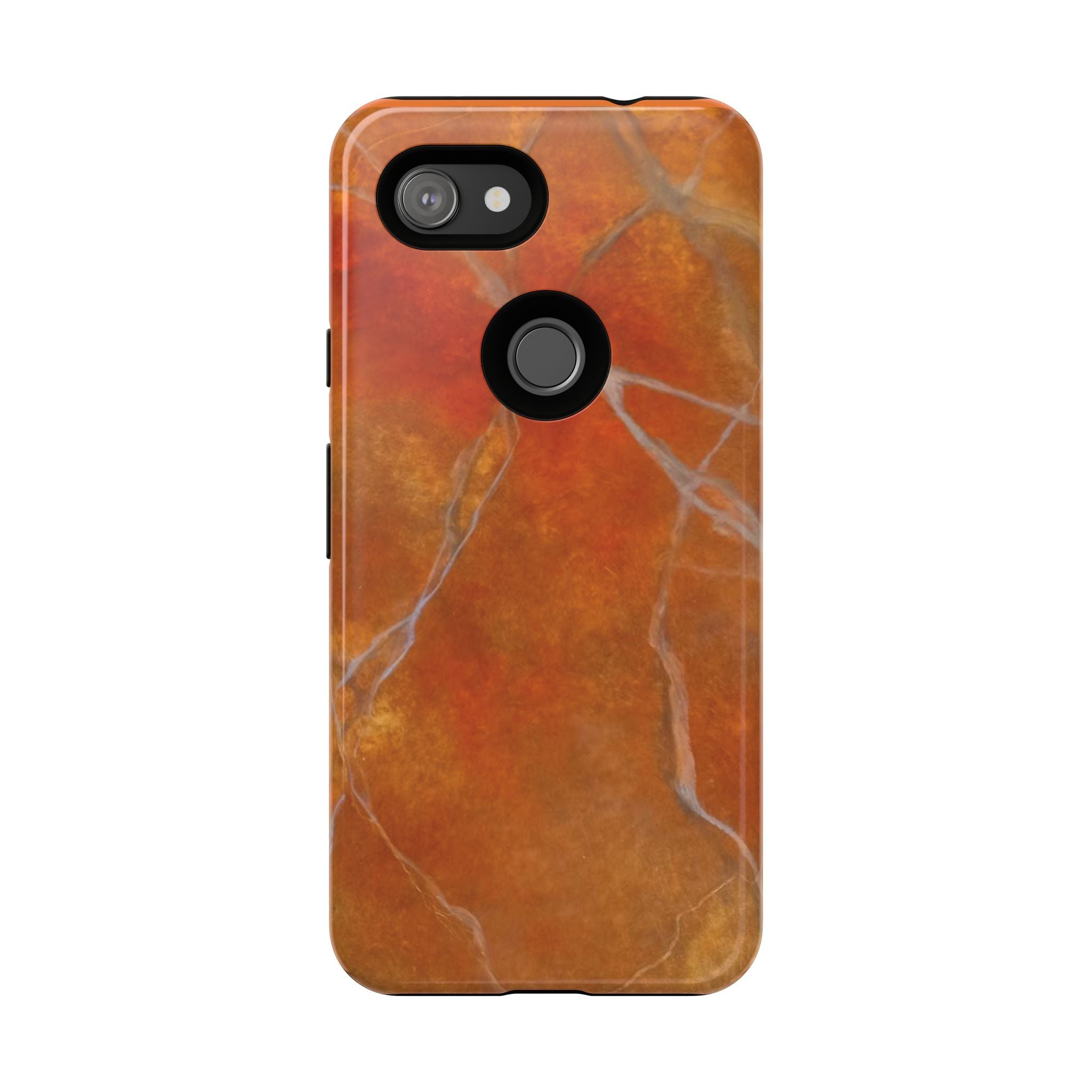 Phone case in sophisticated red orange marble design that is impact resistant tough in glossy or matte finish