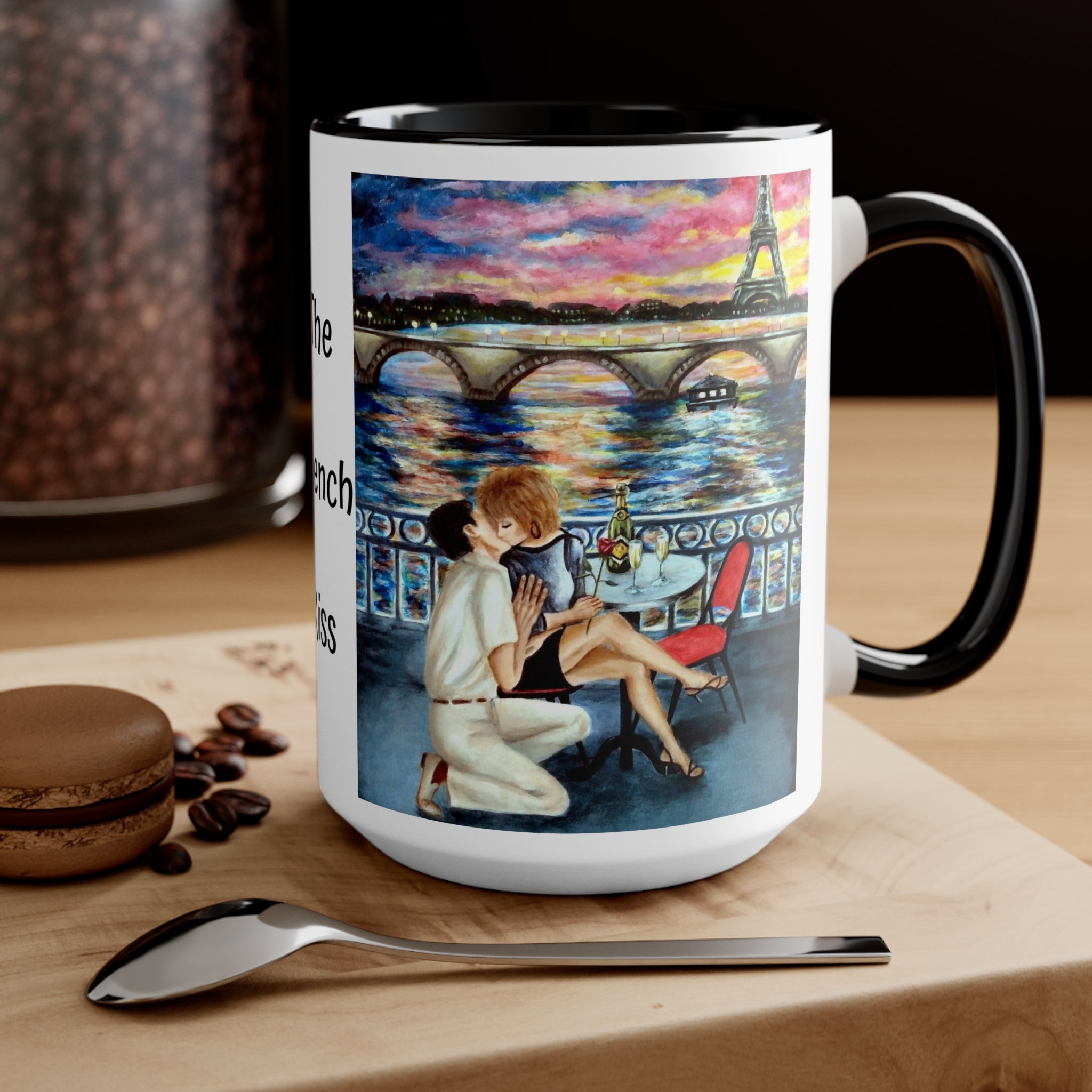 15 oz. Mug with artist painting of a couple by a river with Eiffel Tower also available in 11oz.