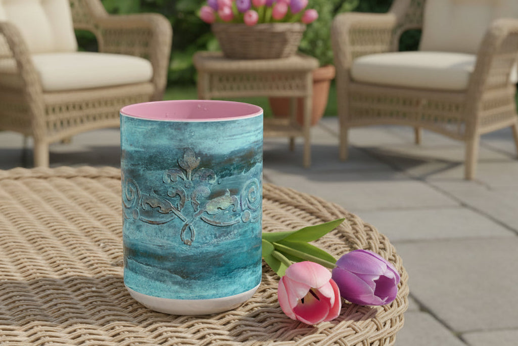 Tumbler with blue design and pink interior and handle