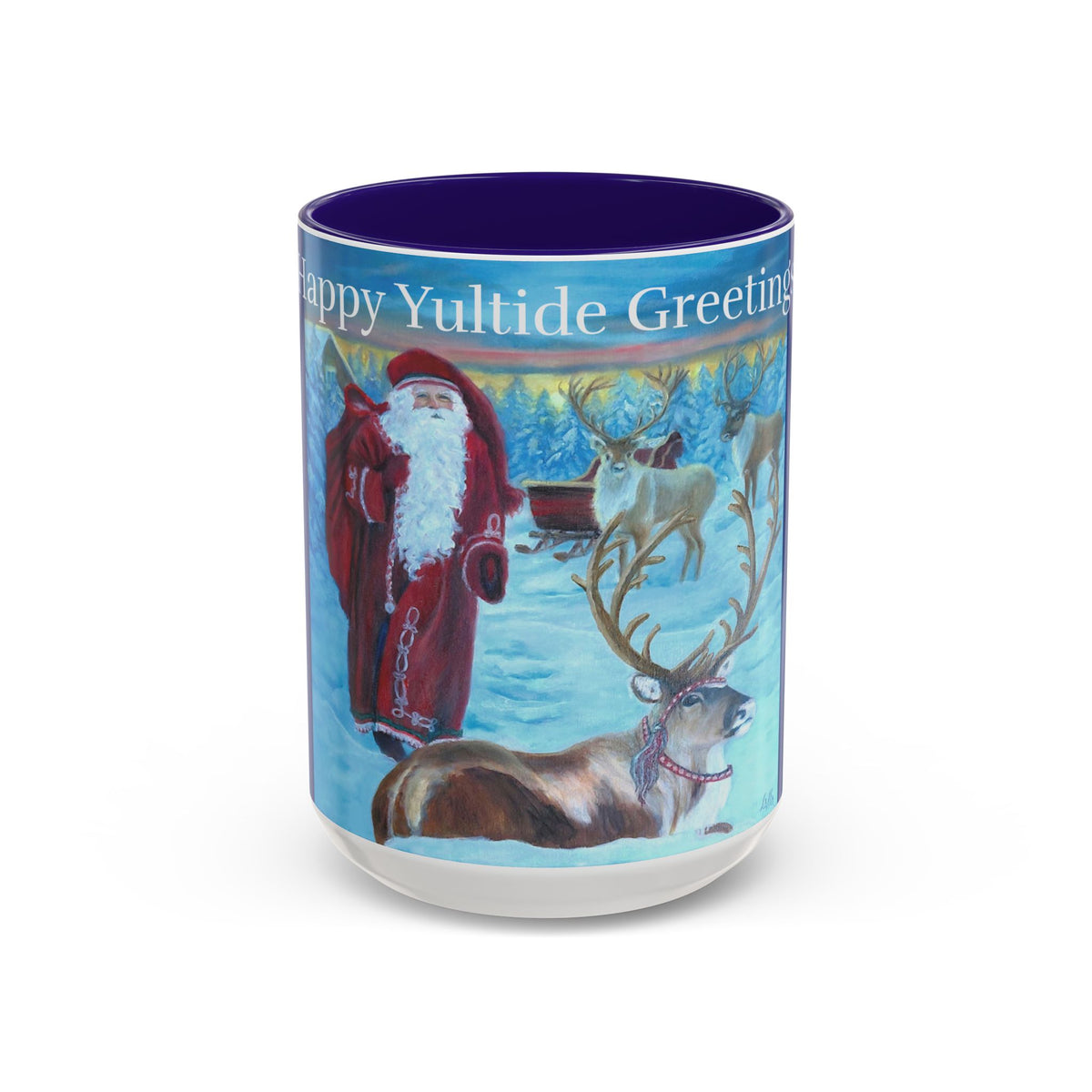 Christmas-themed mug with Santa Claus and reindeer design on a white background