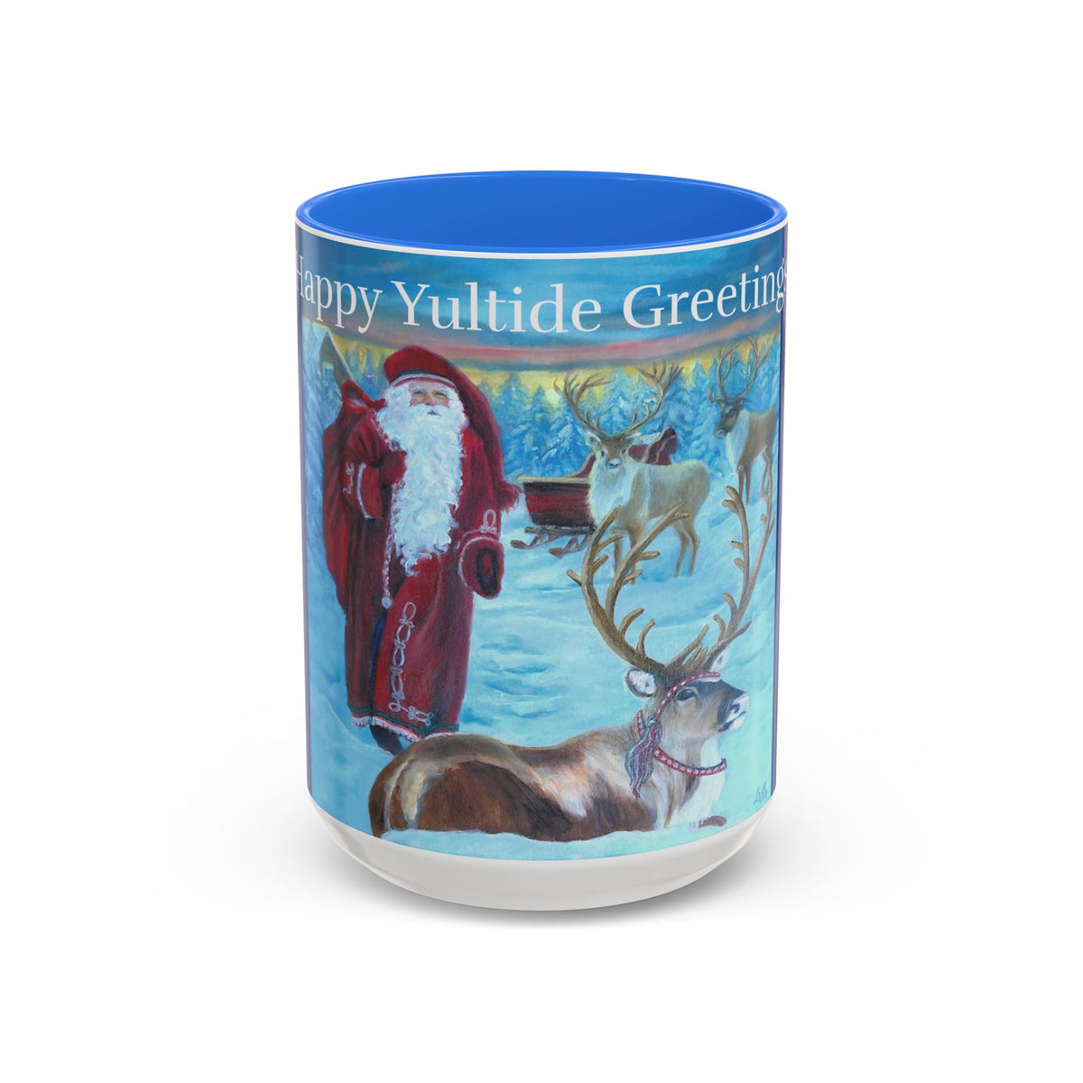 Tumbler with Santa Claus and reindeer design, featuring 'Happy Yultide Greetings' text.