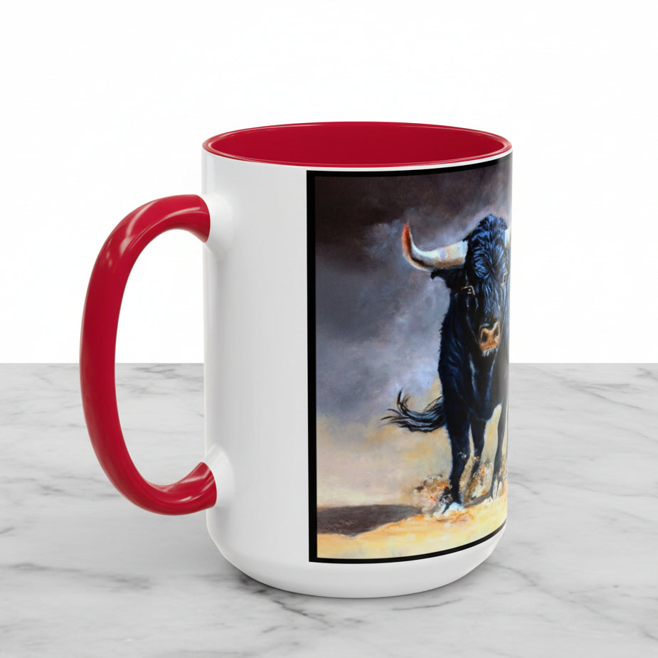 15oz white ceramic mug with a red handle and red interior, featuring a printed graphic of a black bull charging forward against a smoky background.