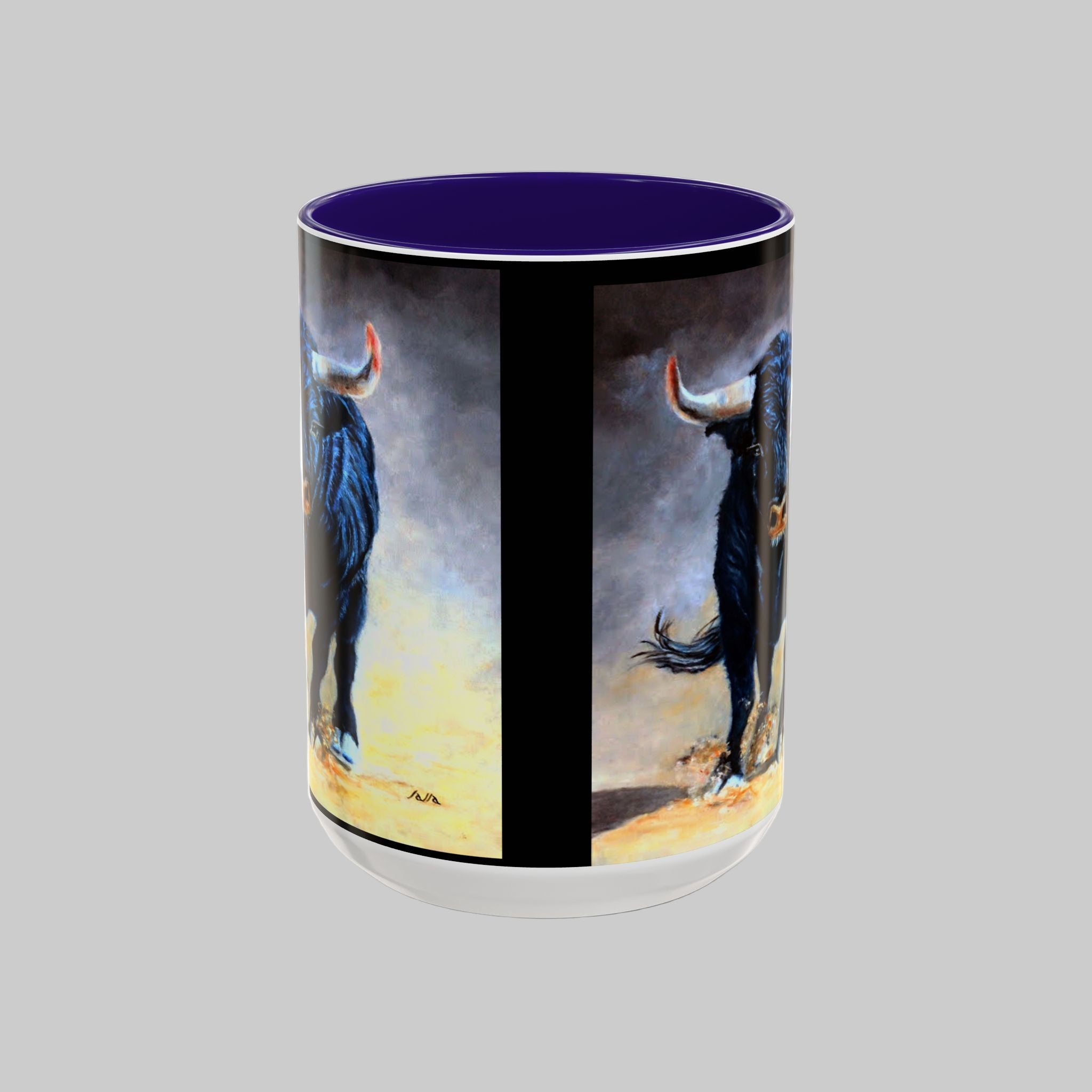 Mug with artistic depiction of a bull in   15 oz  with navy interior