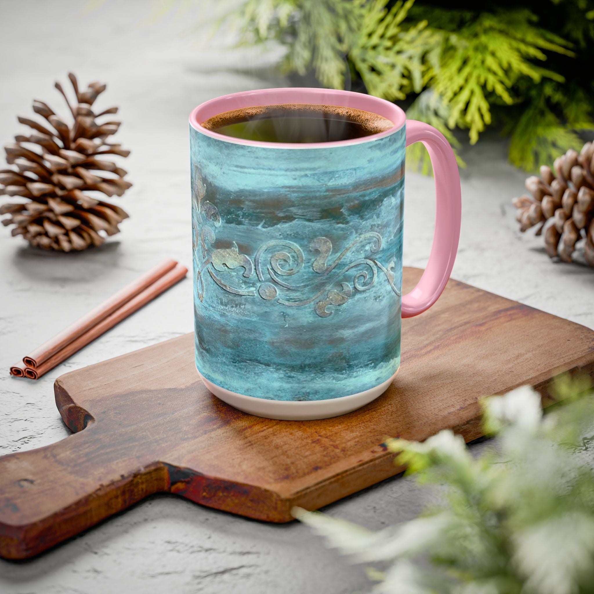 Turquoise mug with pink handle and interior and unique scroll work - 15 oz