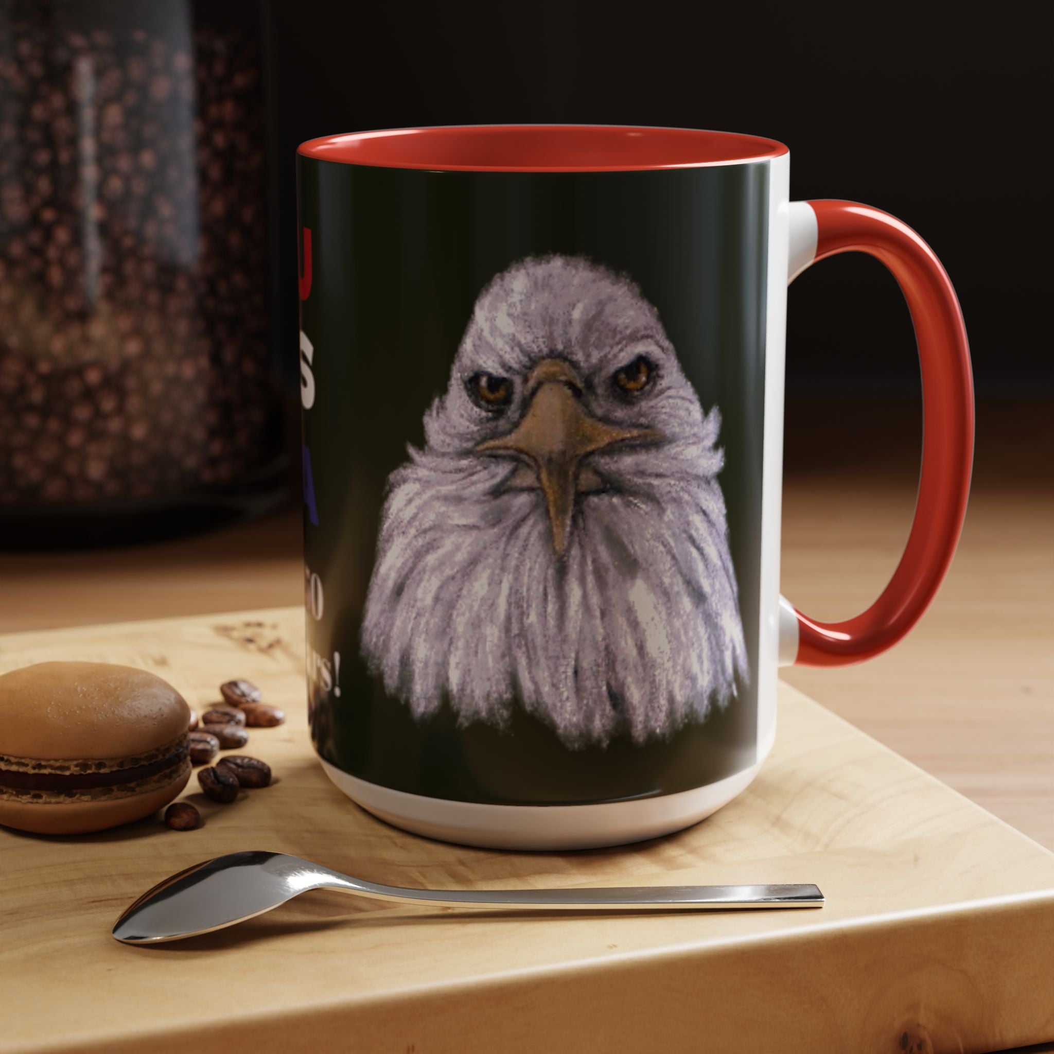 Mug with a bald eagle on 15 oz mug and red accents for USA 250 anniversary