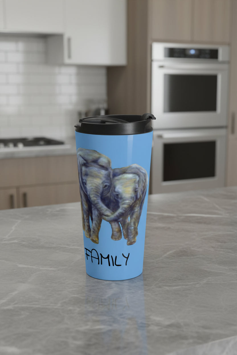 Travel mug with an elephant design and We Are Family text with Lid - 15 oz
