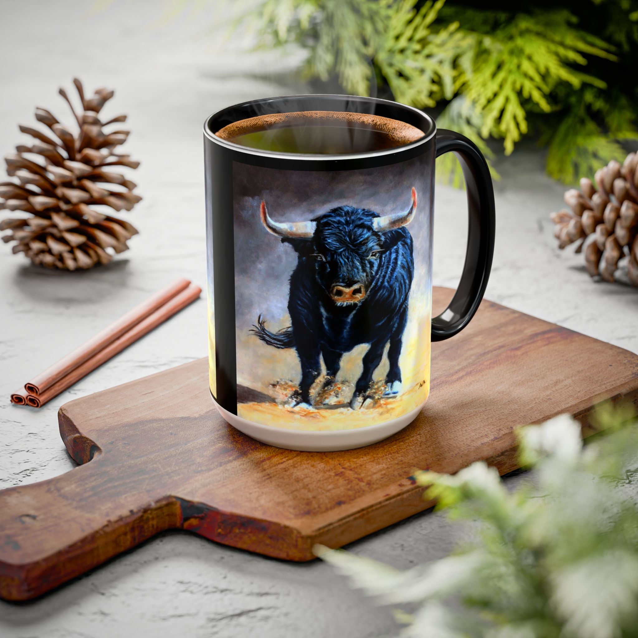 Mug in premium ceramic and 'C' handle - painted Charging Bull