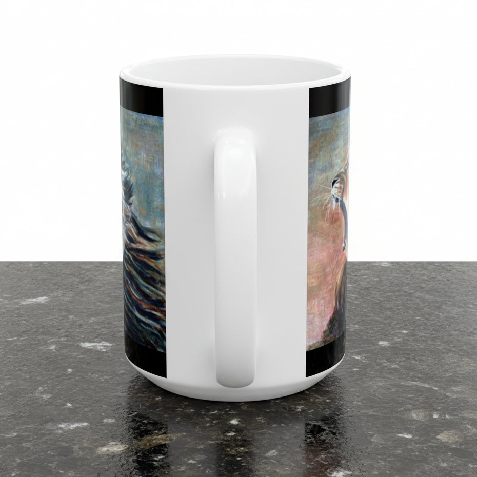 15 oz white ceramic coffee mug featuring a wrap-around print of an impressionist painting with dark blue, gray, and pink tones, shown on a clean white background that features large C Handle for comfortable grip.