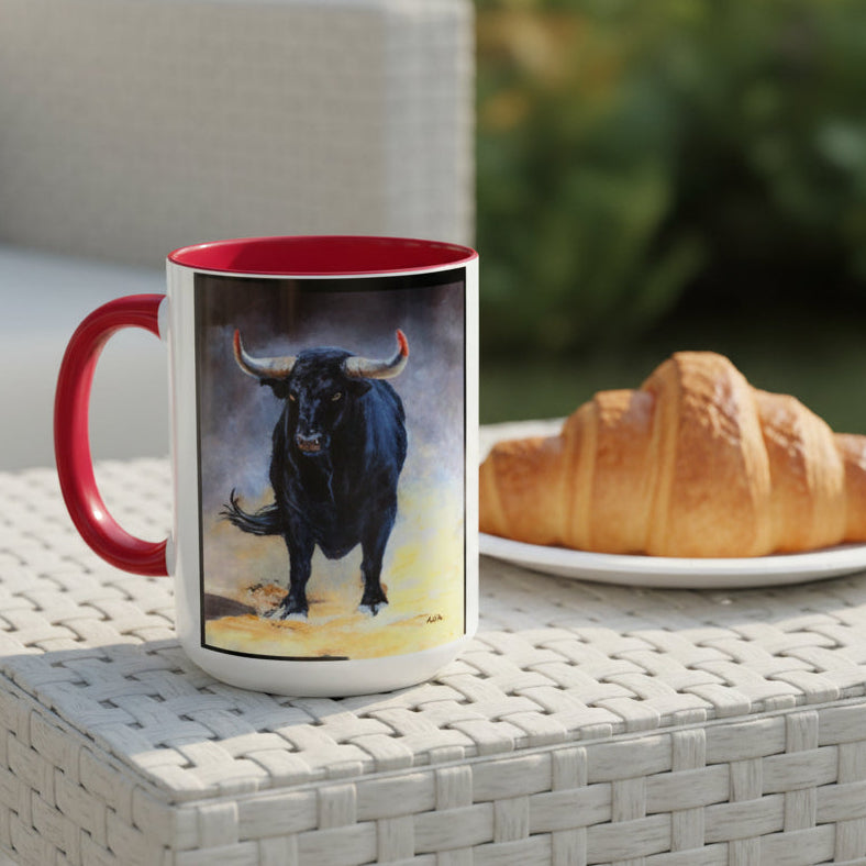 Mug with a red interior and C handle, featuring artist painted bull on both sides shows in 15 oz