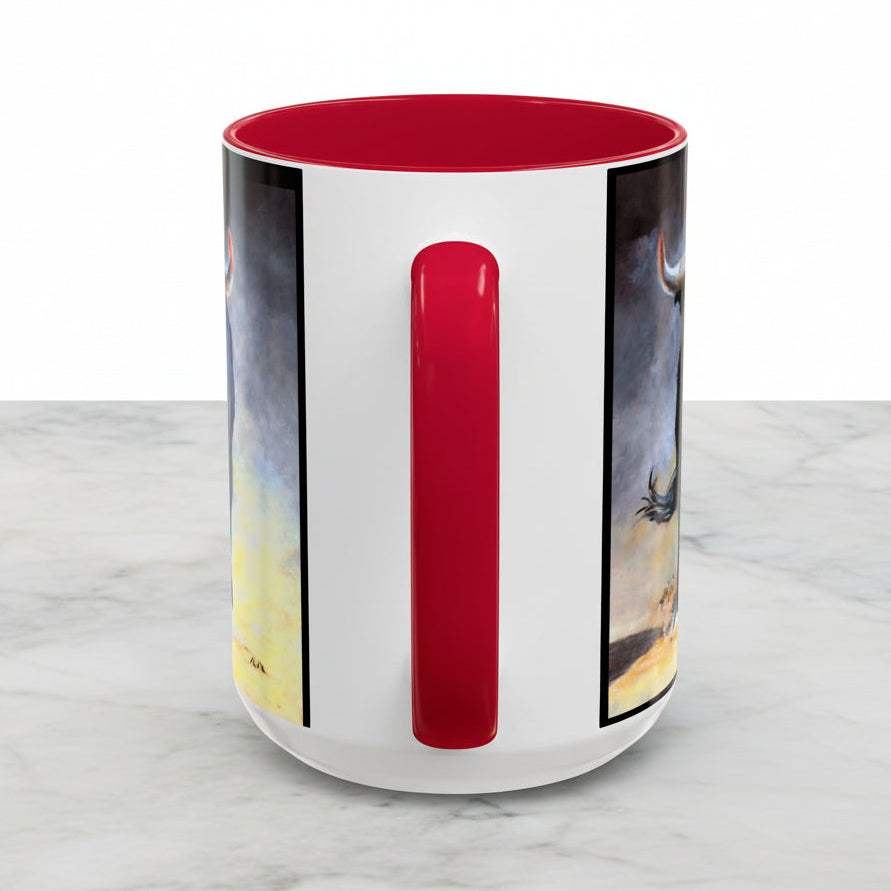 Mug with a bull design on on either side with red interior and large red C Handle 15oz