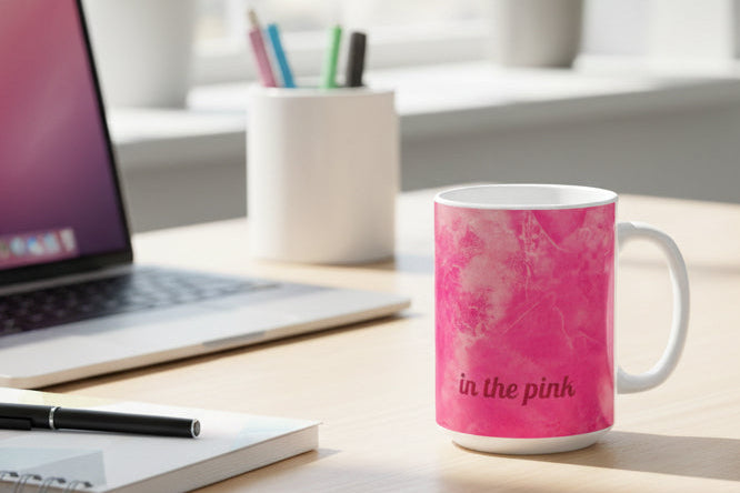Mug with hot pink marbled design and 'in the pink' text 