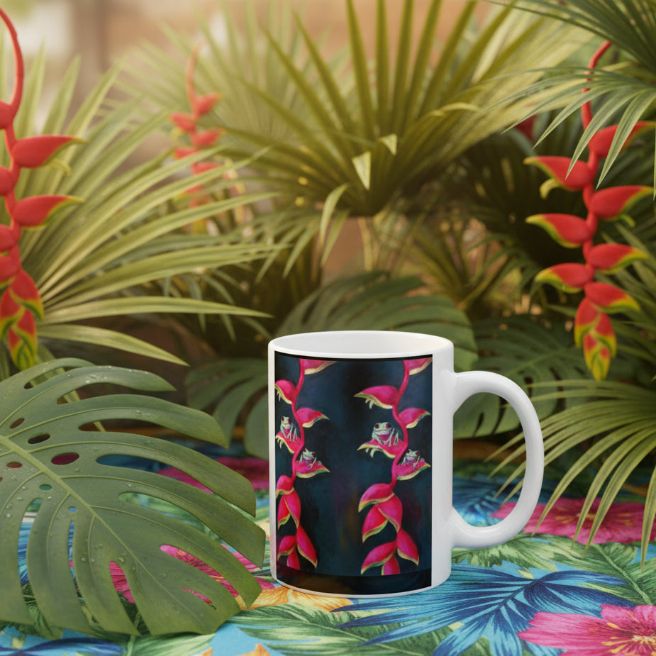 Ceramic 15oz White mug with a wrapped in colorful floral pattern on a black background
