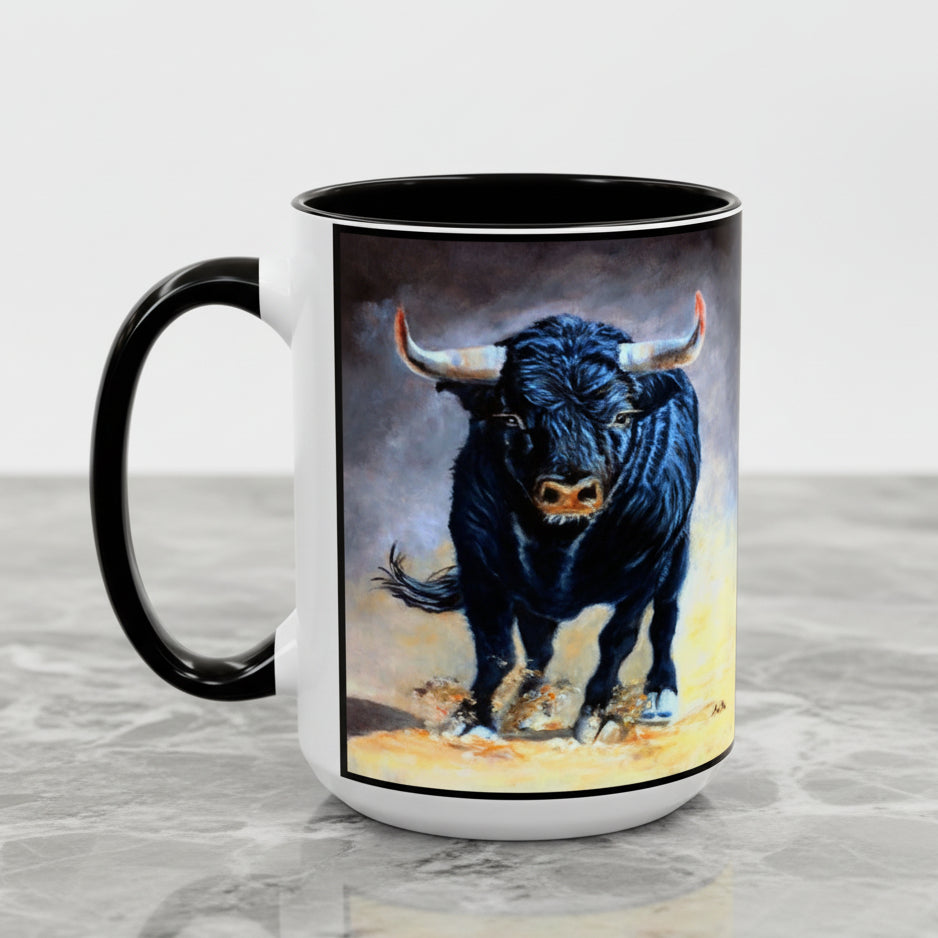 15 oz. white ceramic mug with a black handle and black interior, featuring a printed graphic of a black bull with orange-tipped horns on a smoky background.