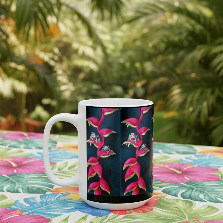 15oz Ceramic Mug with tropical floral and frog design - dishwasher and microwave safe