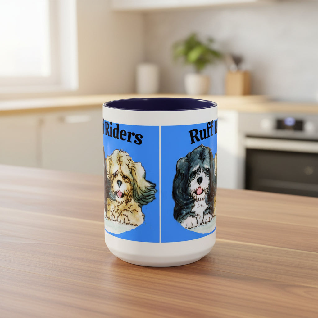 Mug with dog illustrations and text with Navy Blue accents in 15 oz size