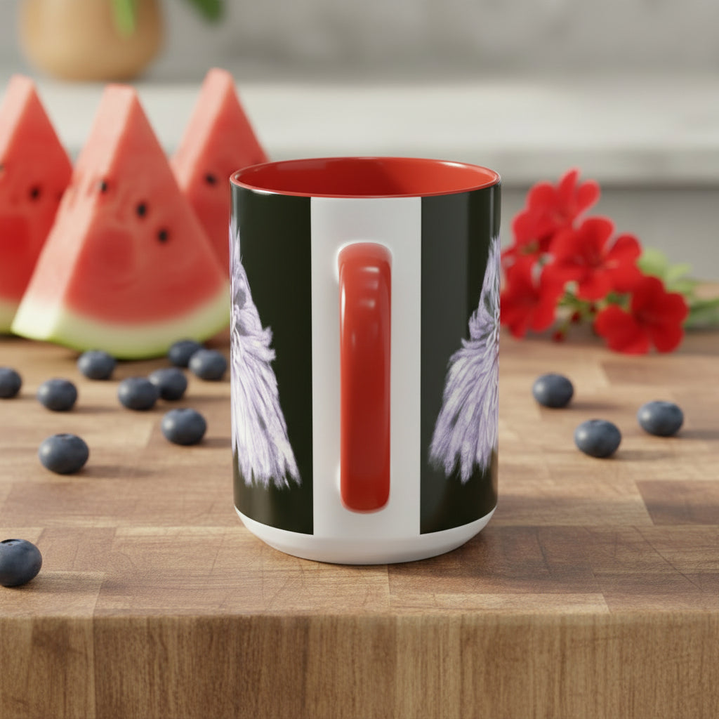 15 oz Mug with red interior and black and white design on exterior, C Handle for comfort