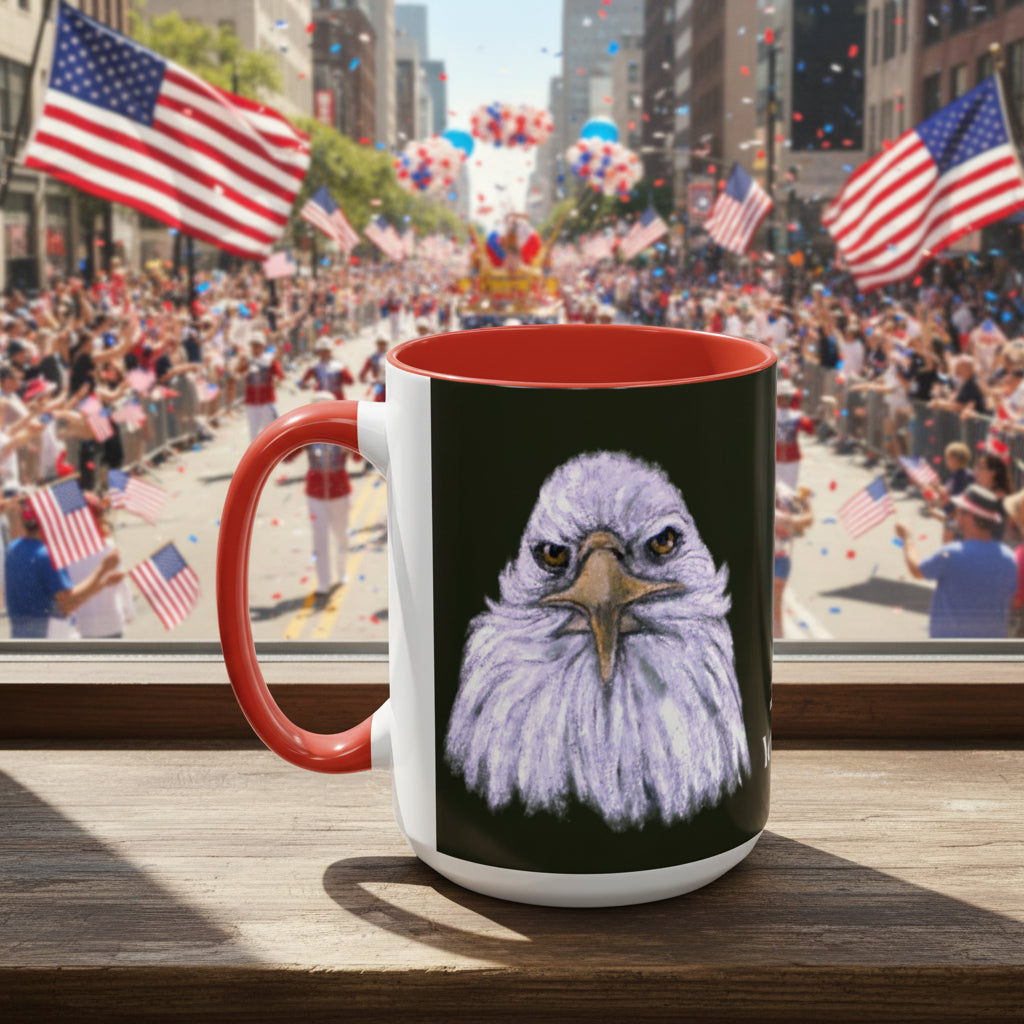 Mug with a bald eagle design on a black background, 15oz, red accents, C handle