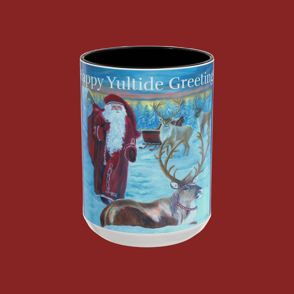 Vintage Christmas-themed mug with Santa Claus and reindeer painted by Studio Blitz
