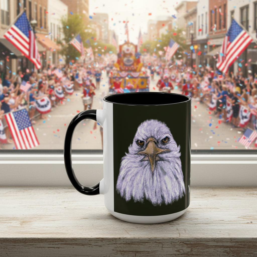 15 oz Mug with an eagle design on a black background and C Handle