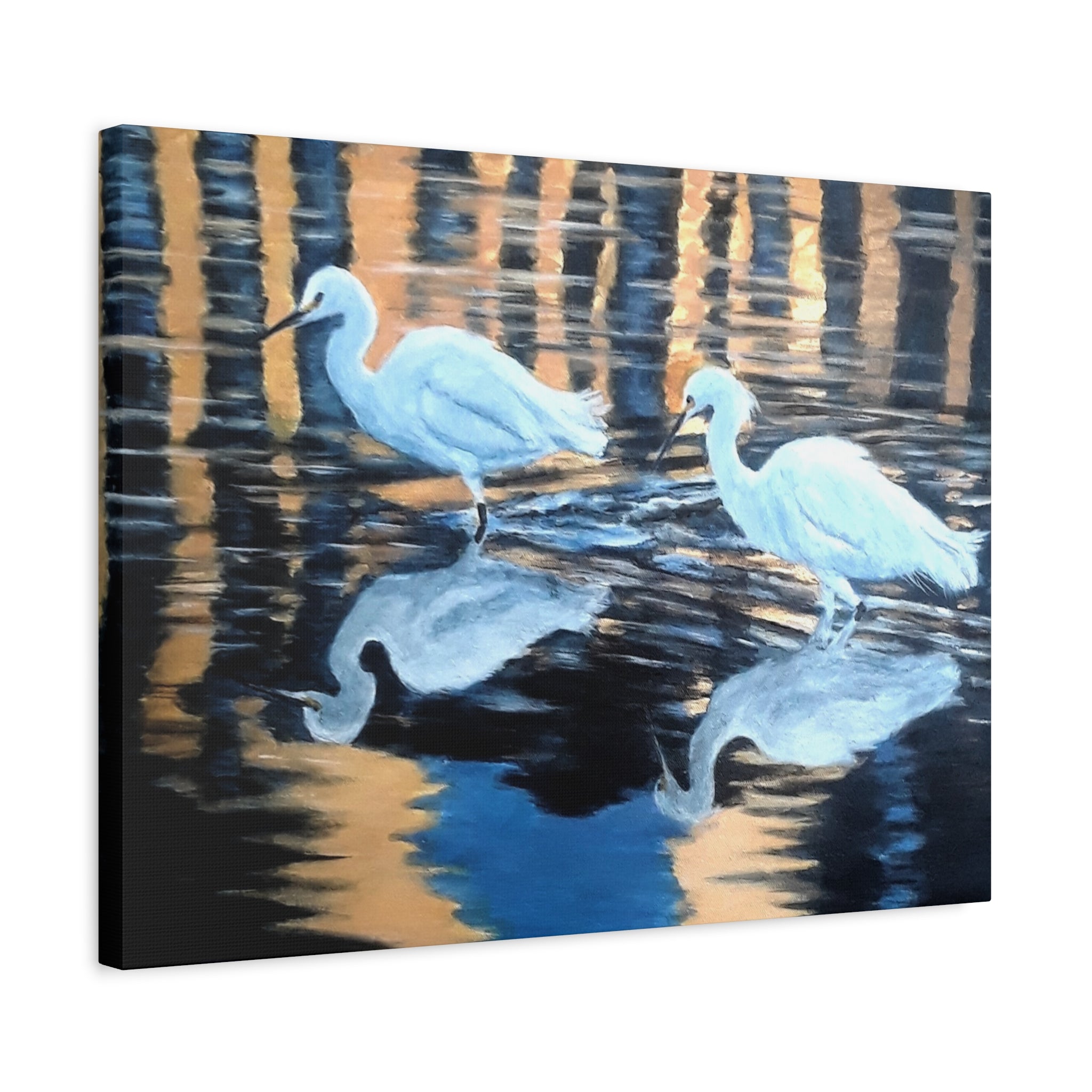 Canvas Print of 'Golden Reflections' Egrets Reflections at Sunset