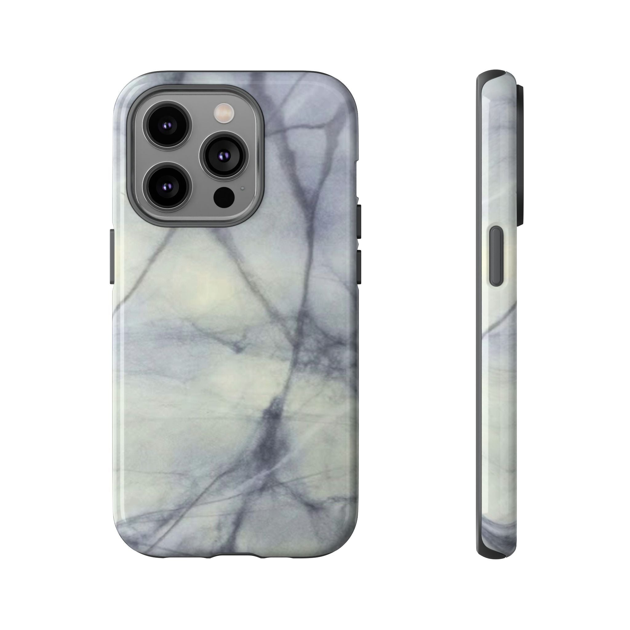 Phone case in impressive grey marble design with shock absorbing dual layer shell and UV resistance in 3D wrap