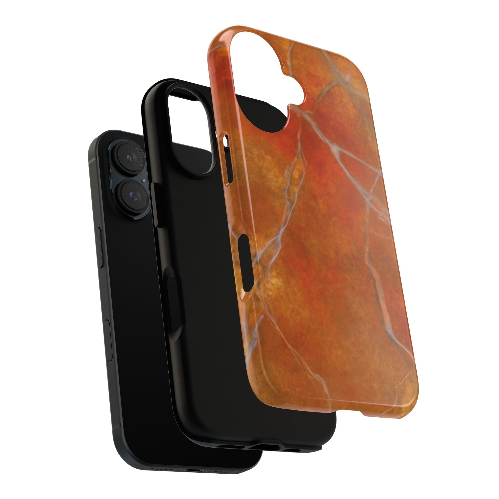 Phone case in sophisticated red orange marble design that is impact resistant tough in glossy or matte finish