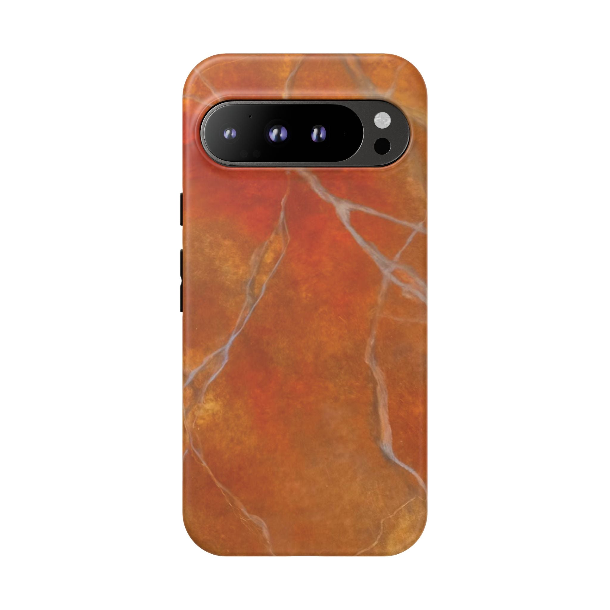 Phone case in sophisticated red orange marble design that is impact resistant tough in glossy or matte finish