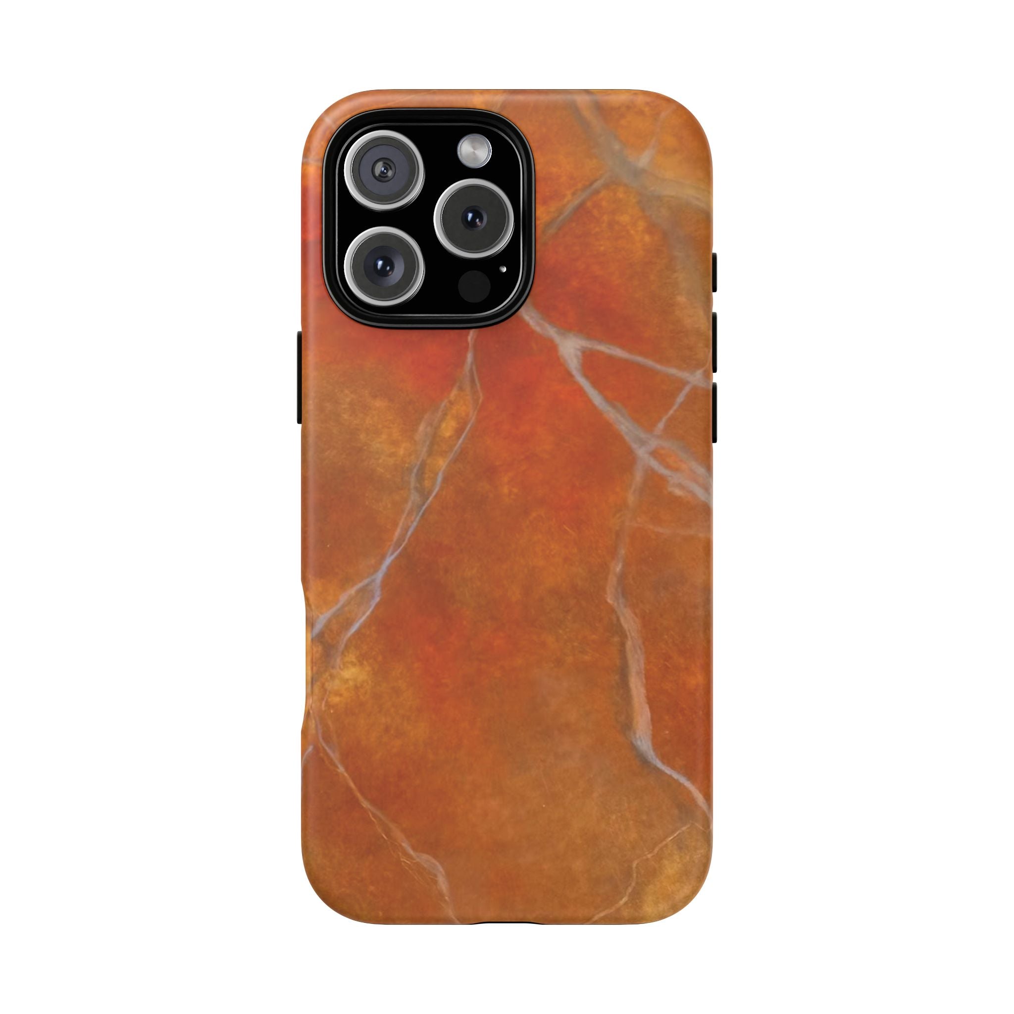 Phone case in sophisticated red orange marble design that is impact resistant tough in glossy or matte finish