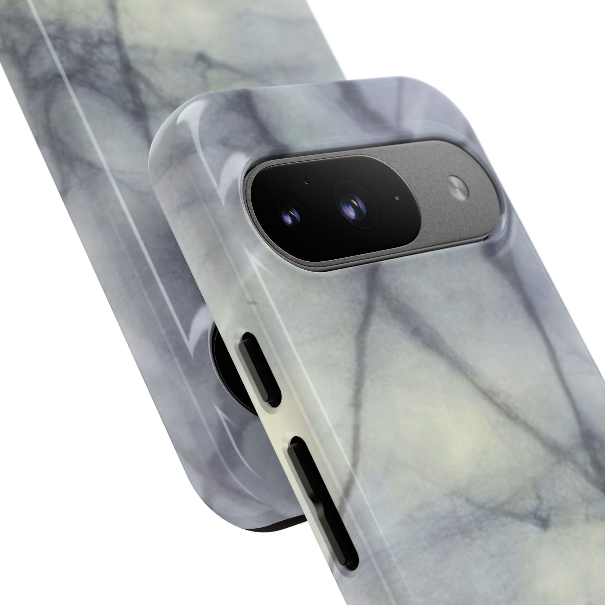 Phone case in impressive grey marble design with shock absorbing dual layer shell and UV resistance in 3D wrap