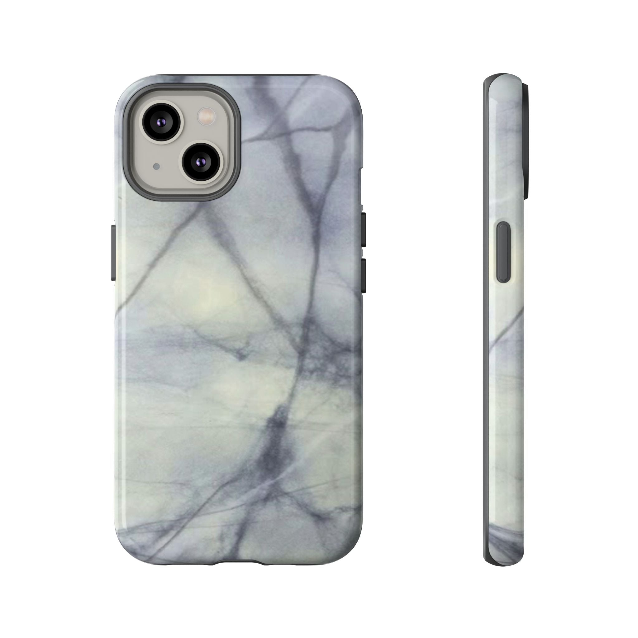 Phone case in impressive grey marble design with shock absorbing dual layer shell and UV resistance in 3D wrap
