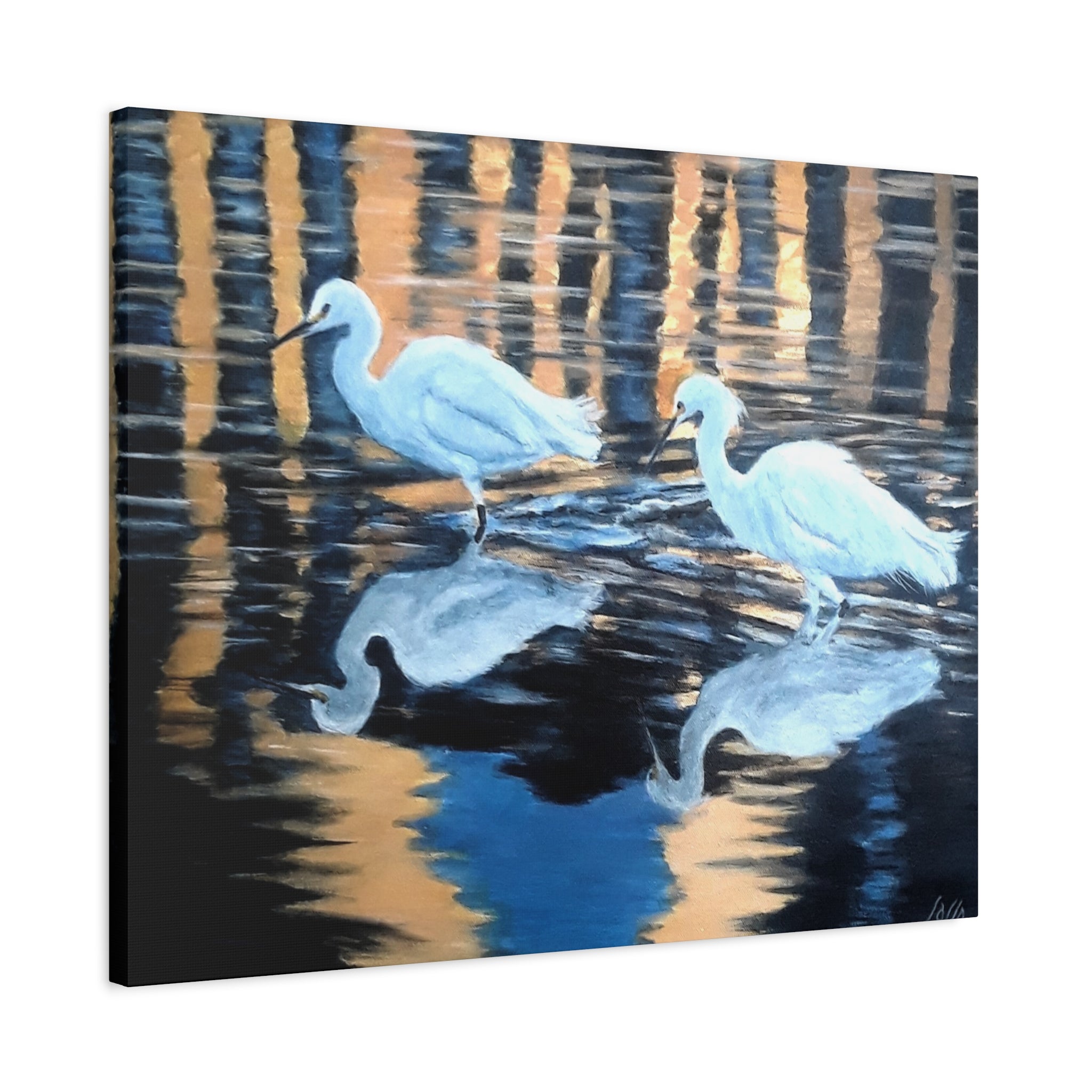 Canvas Print of 'Golden Reflections' Egrets Reflections at Sunset
