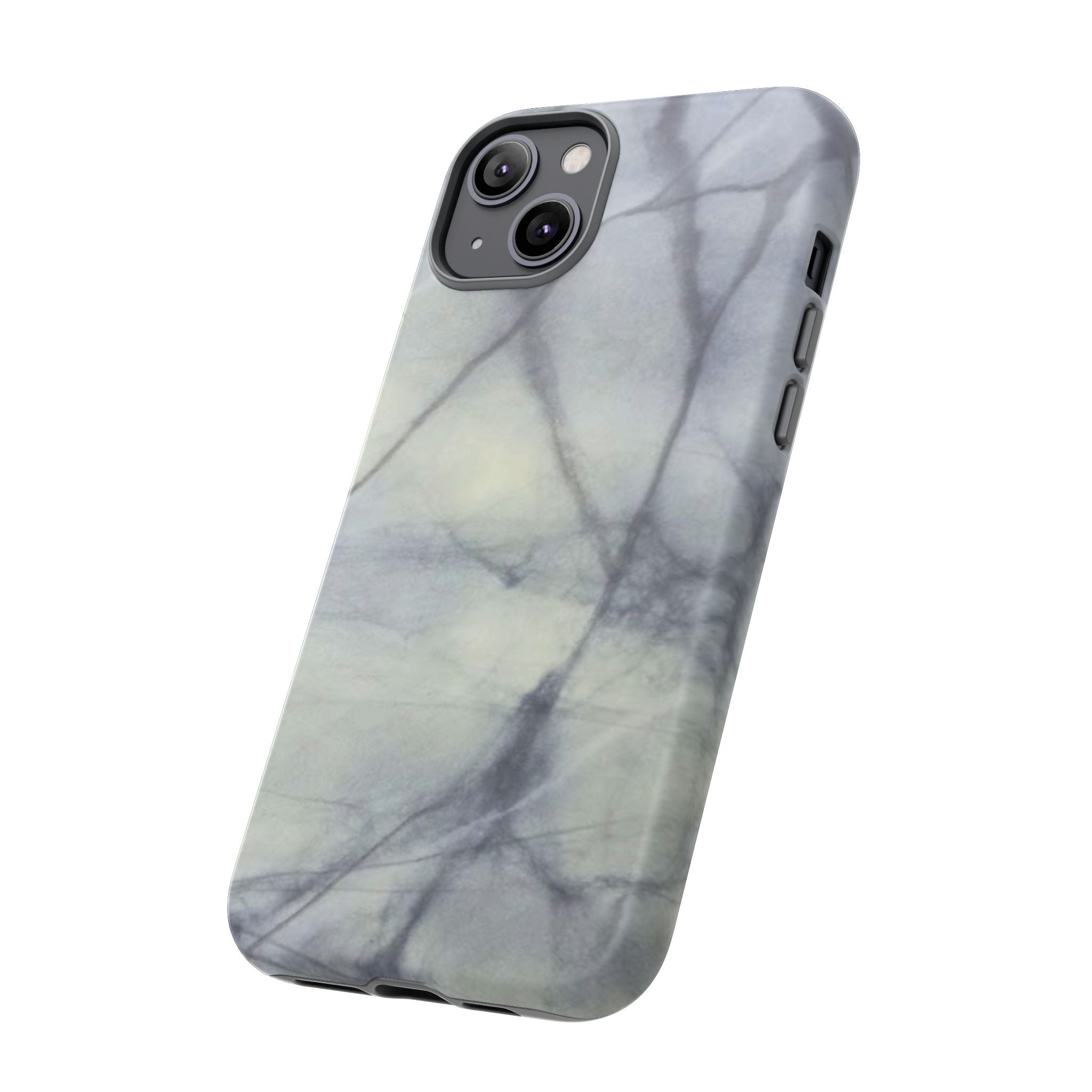 Phone case in impressive grey marble design with shock absorbing dual layer shell and UV resistance in 3D wrap