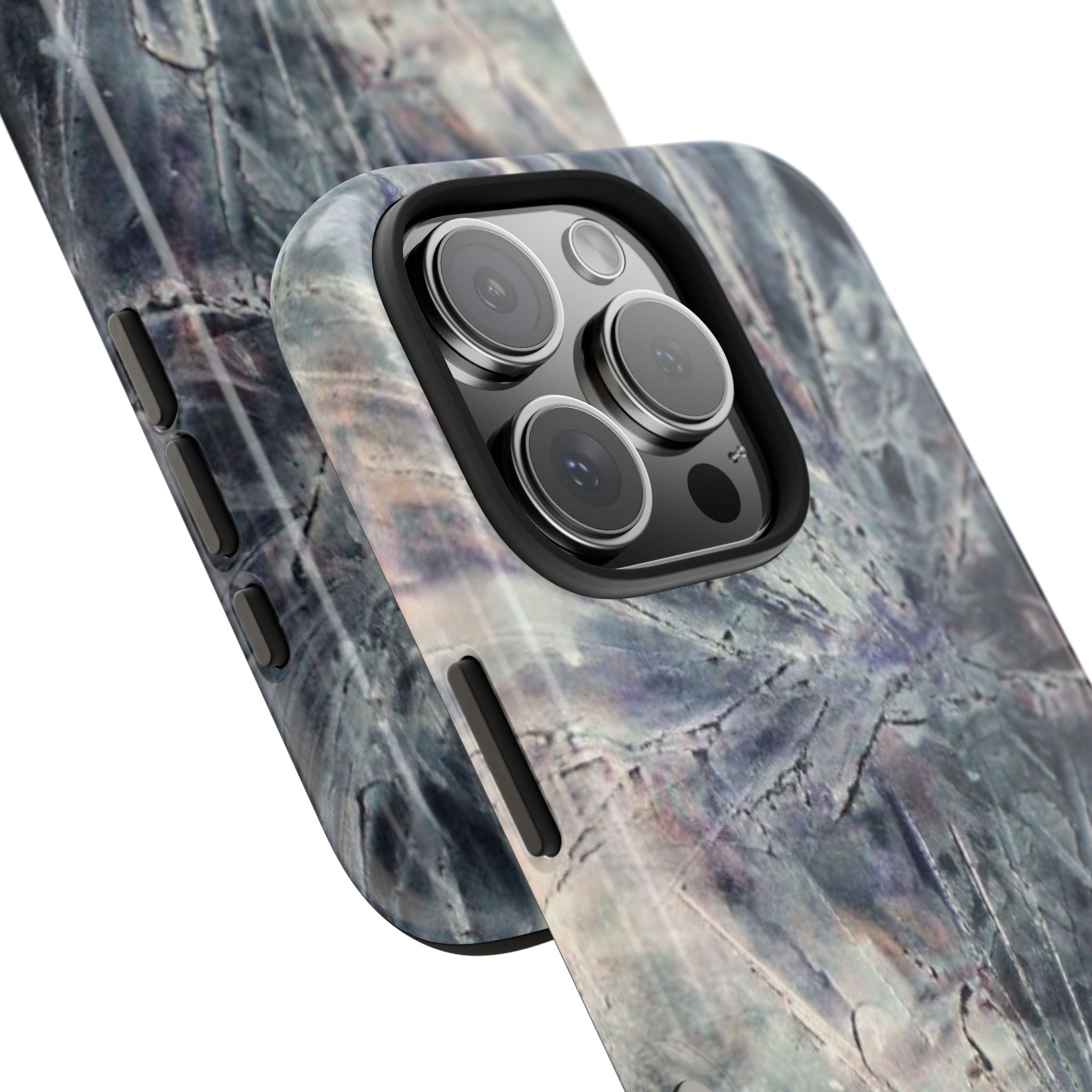 Phone case in abstract bursts of silver crystal design with rubber lining for strong impact and UV protection
