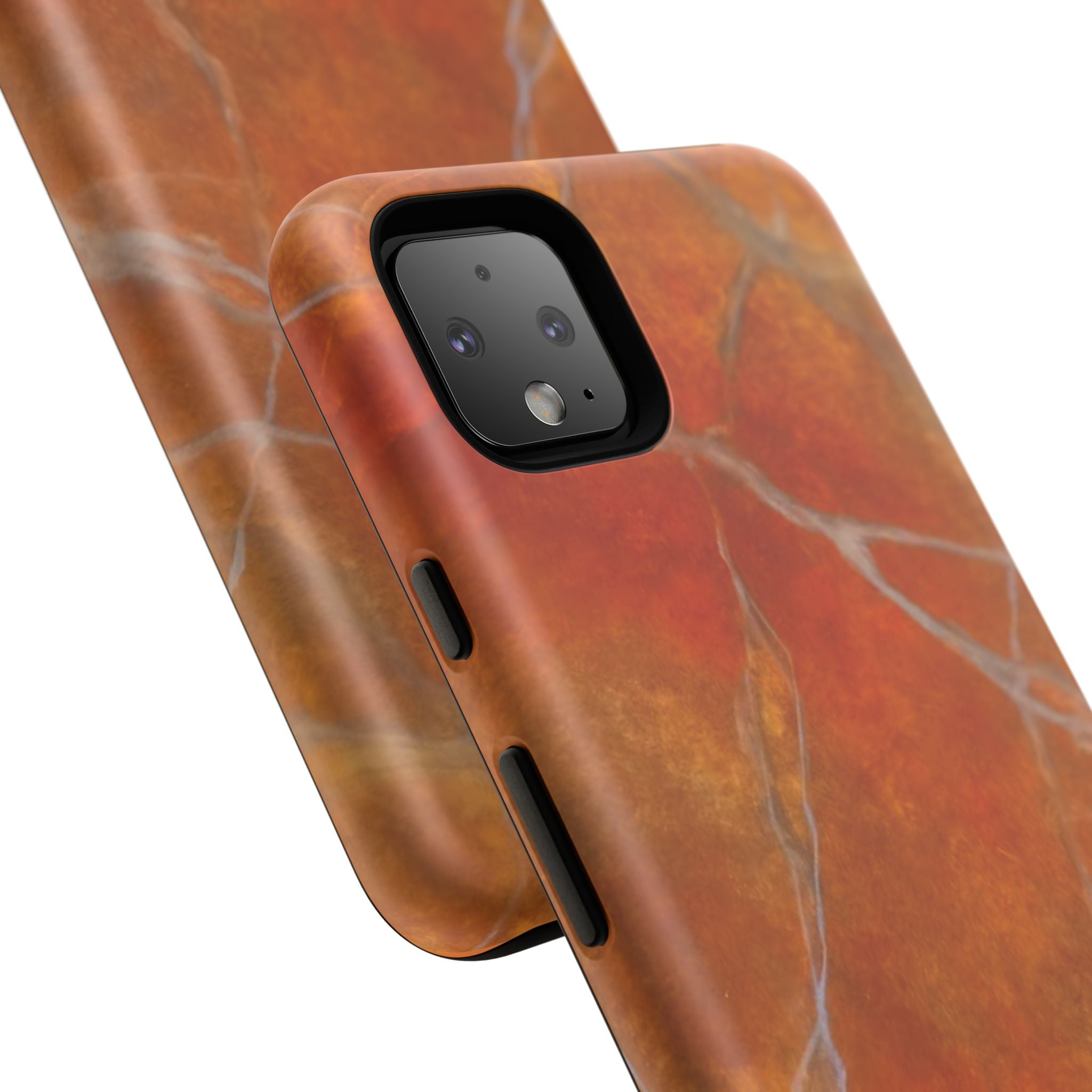 Phone case in sophisticated red orange marble design that is impact resistant tough in glossy or matte finish
